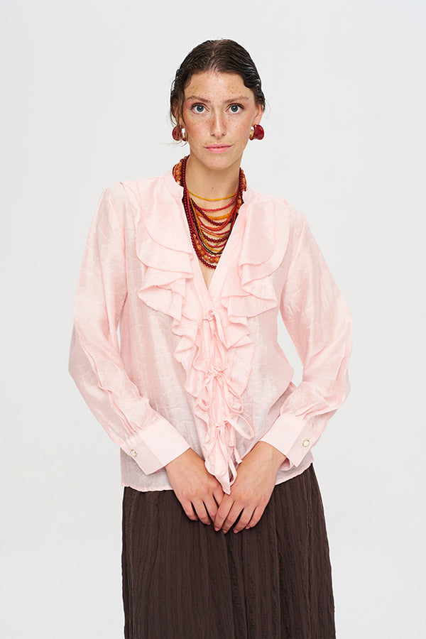 Toptan Fırfırlı Tencel Karışımlı Bluz