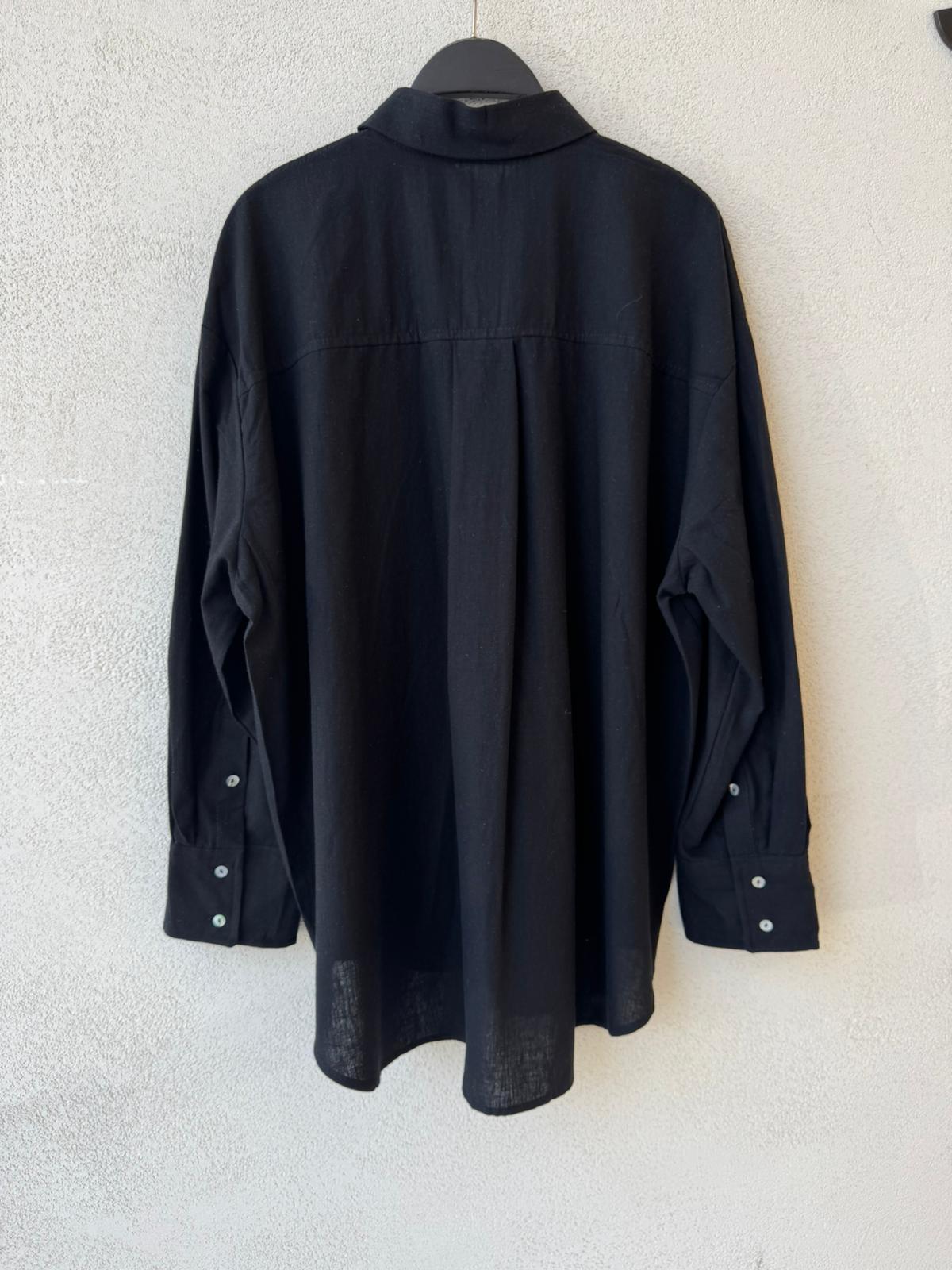 Toptan Keten Siyah Oversize Kadın Gömlek