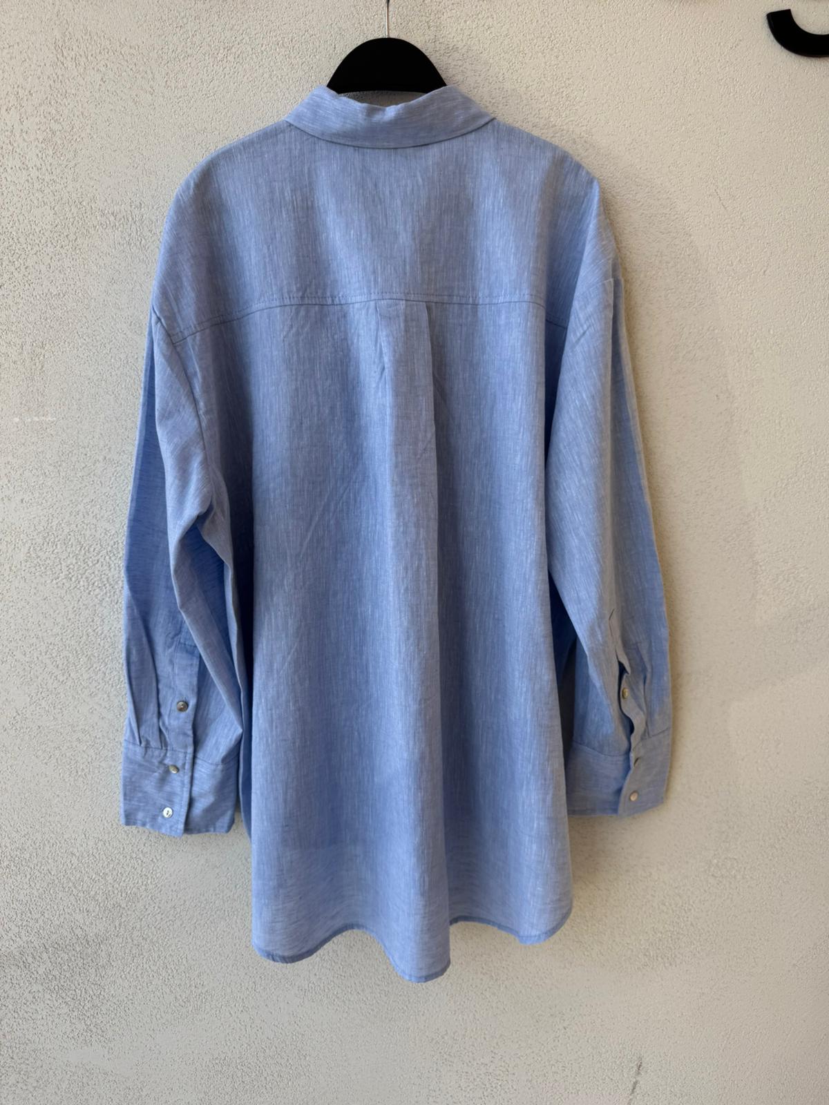 Toptan Keten Mavi Oversize Kadın Gömlek