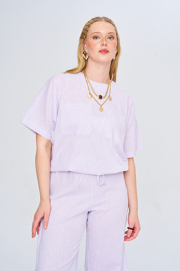 Toptan Pamuk Keten Oversize Cepli Lila Gömlek