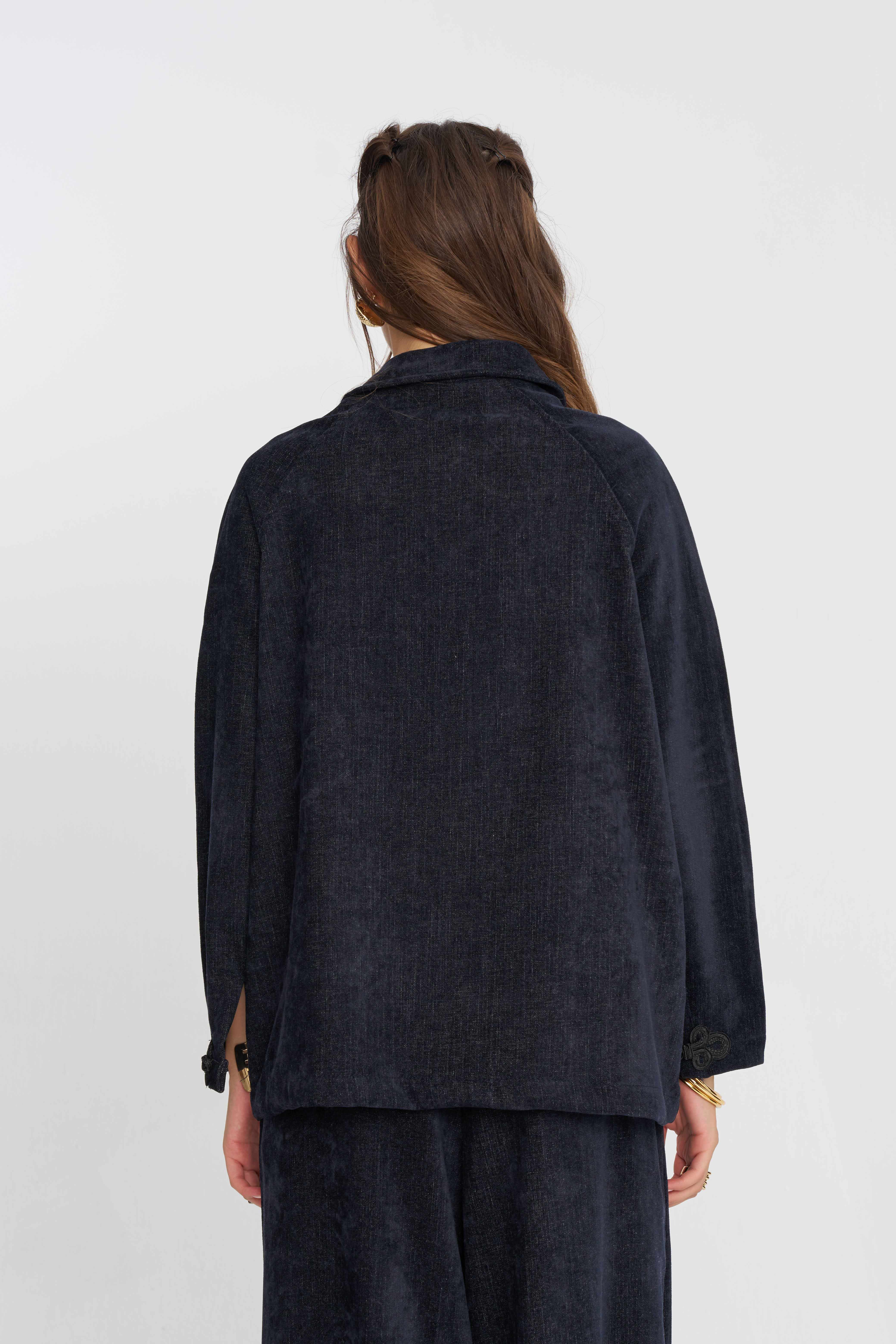 Toptan Çin Düğmeli Kadife Kadın Lacivert Gömlek