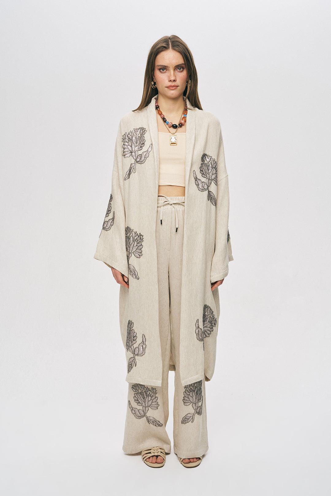 Orfeonegro Zarif Nakış Detaylı Oversize Uzun Kimono