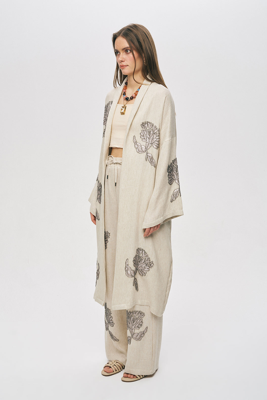 Orfeonegro Zarif Nakış Detaylı Oversize Uzun Kimono