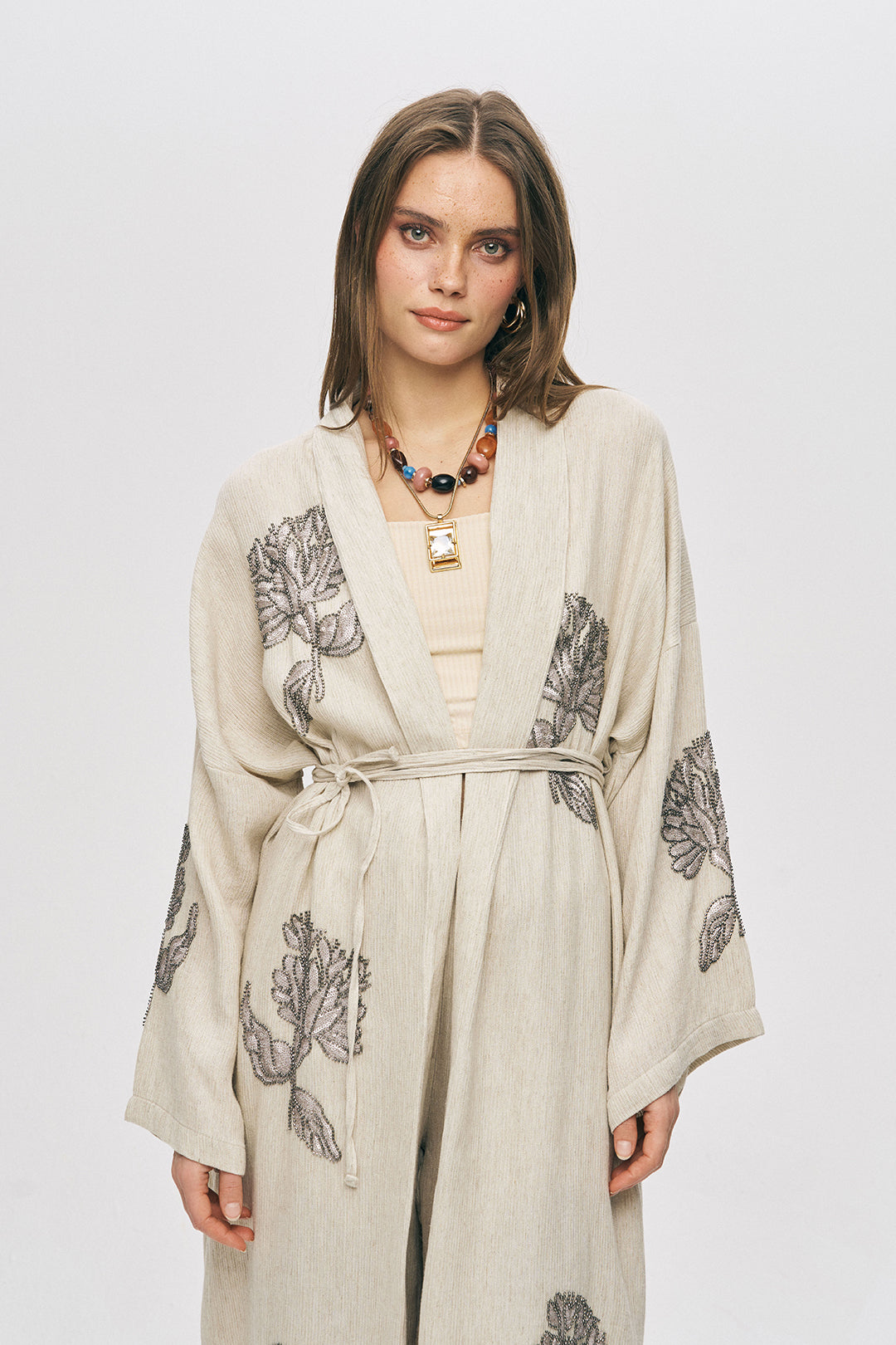 Orfeonegro Zarif Nakış Detaylı Oversize Uzun Kimono