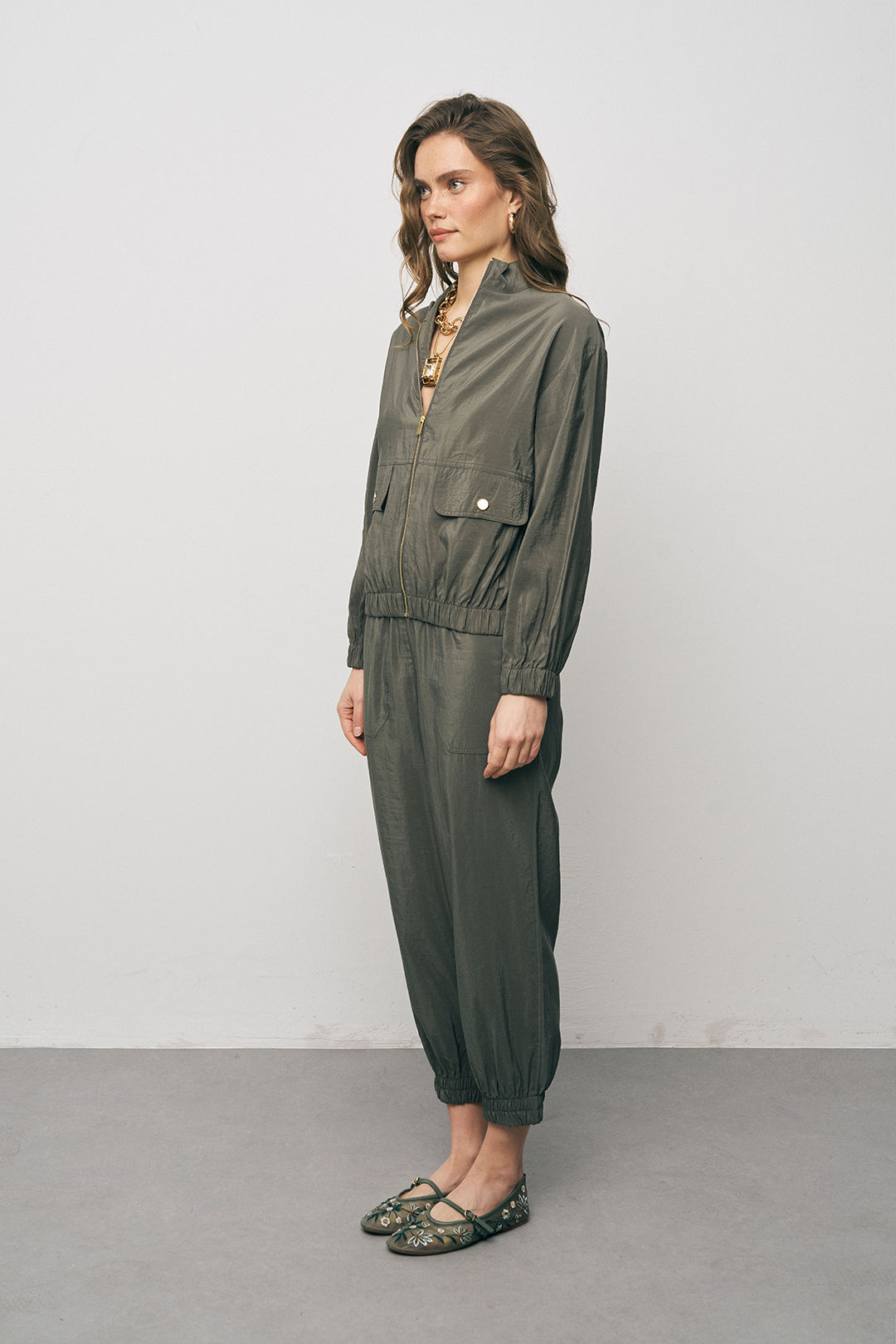 Orfeonegro Beli ve Bileği Lastikli Fermuarlı Haki Ceket