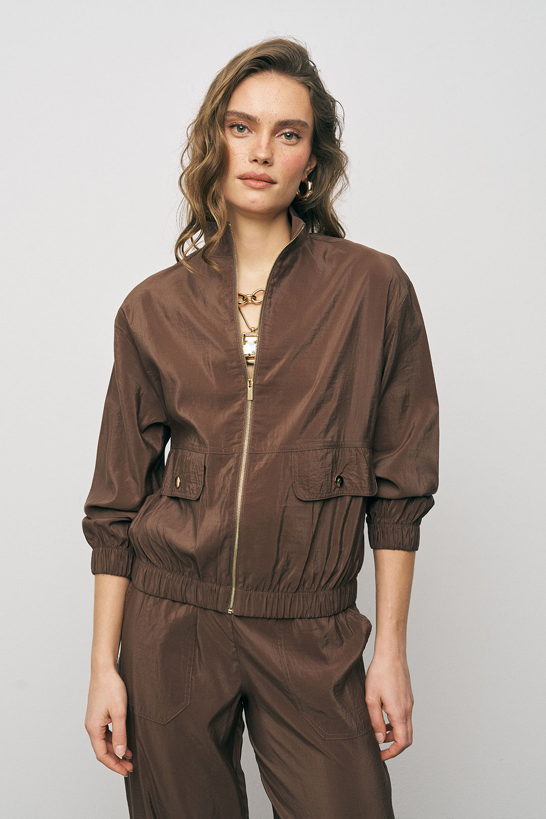 Orfeonegro Beli ve Bileği Lastikli Fermuarlı Kahverengi Ceket