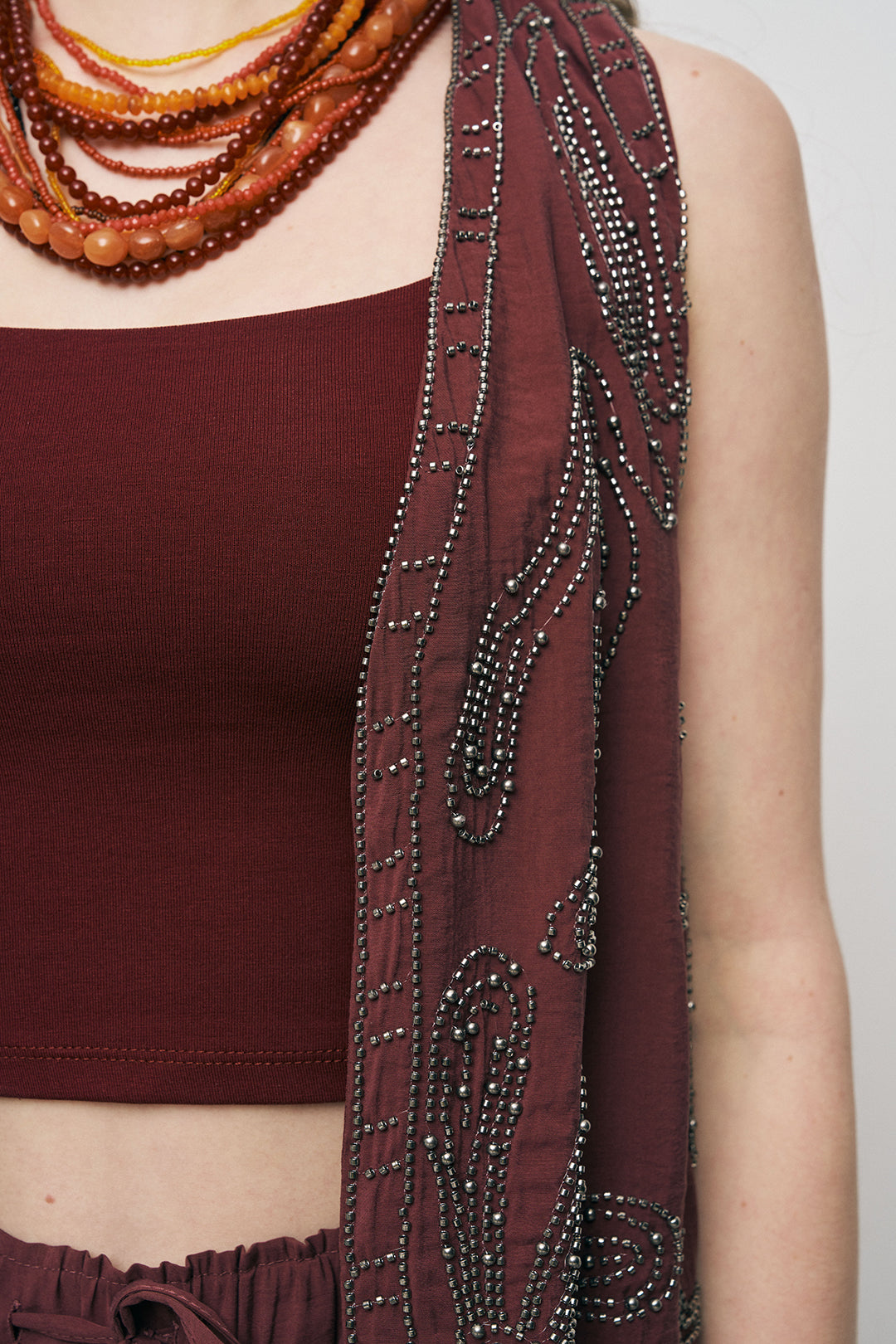 Orfeonegro Boncuk İşlemeli Kısa Bordo Yelek