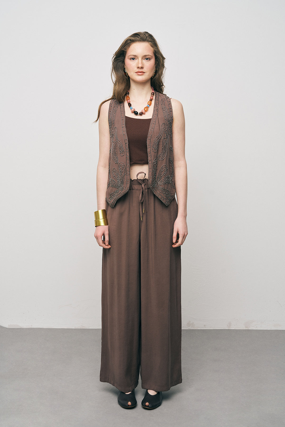 Orfeonegro Boncuk İşlemeli Kısa Kahve Yelek