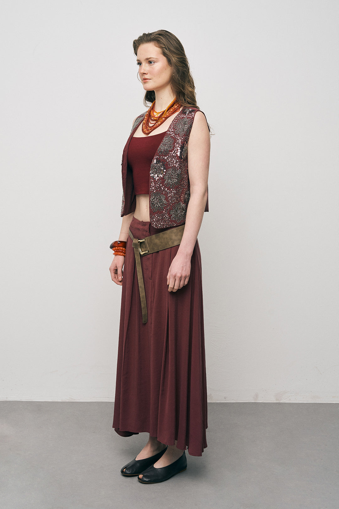 Orfeonegro İşleme ve Pul Detaylı Bordo Kısa Yelek