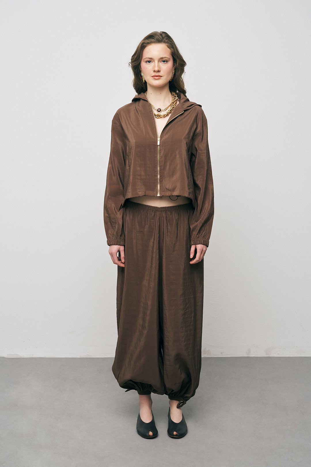 Orfeonegro Kahve Kapüşonlu Fermuarlı Lastikli Bel Detaylı Crop Ceket