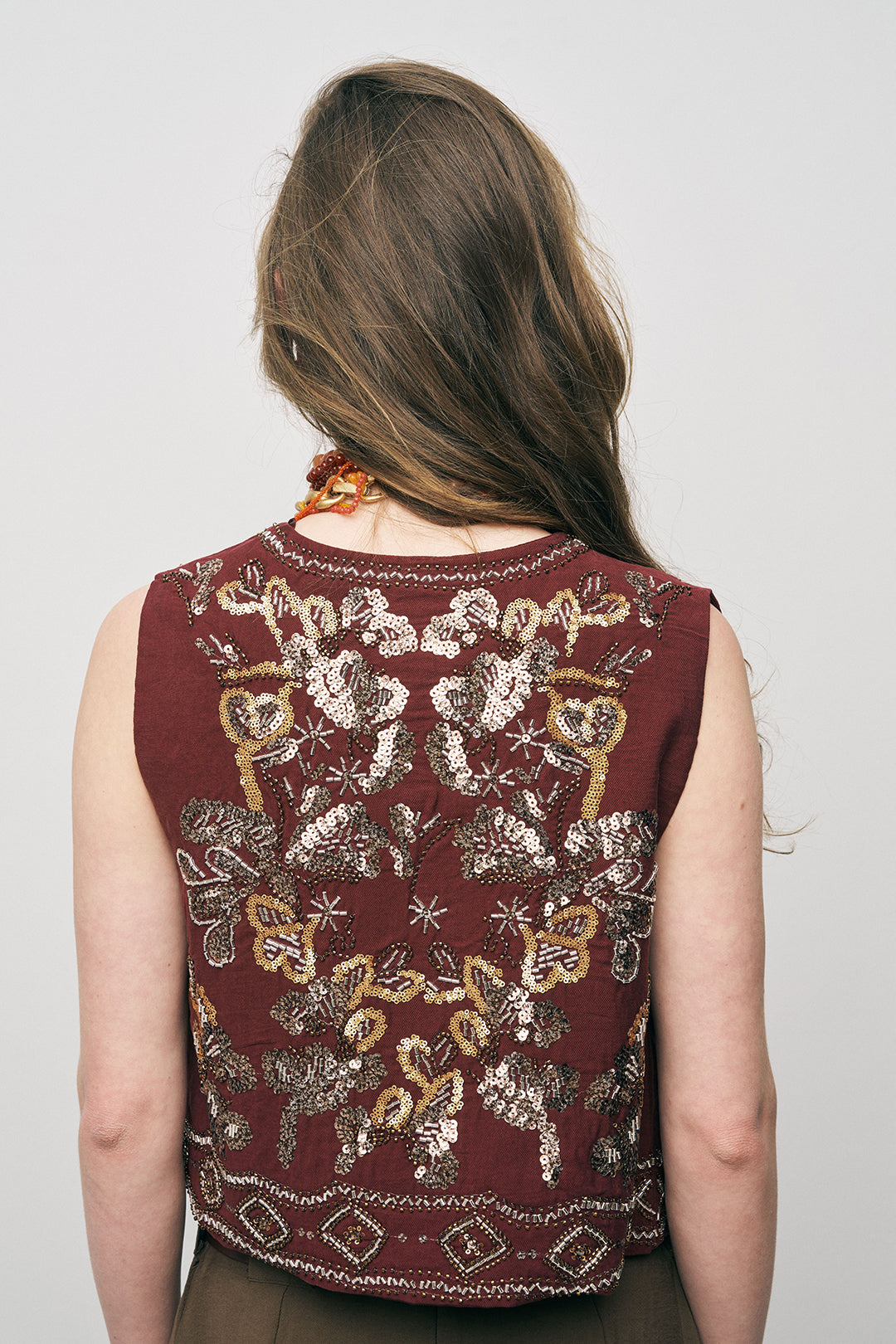 Orfeonegro Boncuk ve Nakışlı Kısa Bordo Yelek