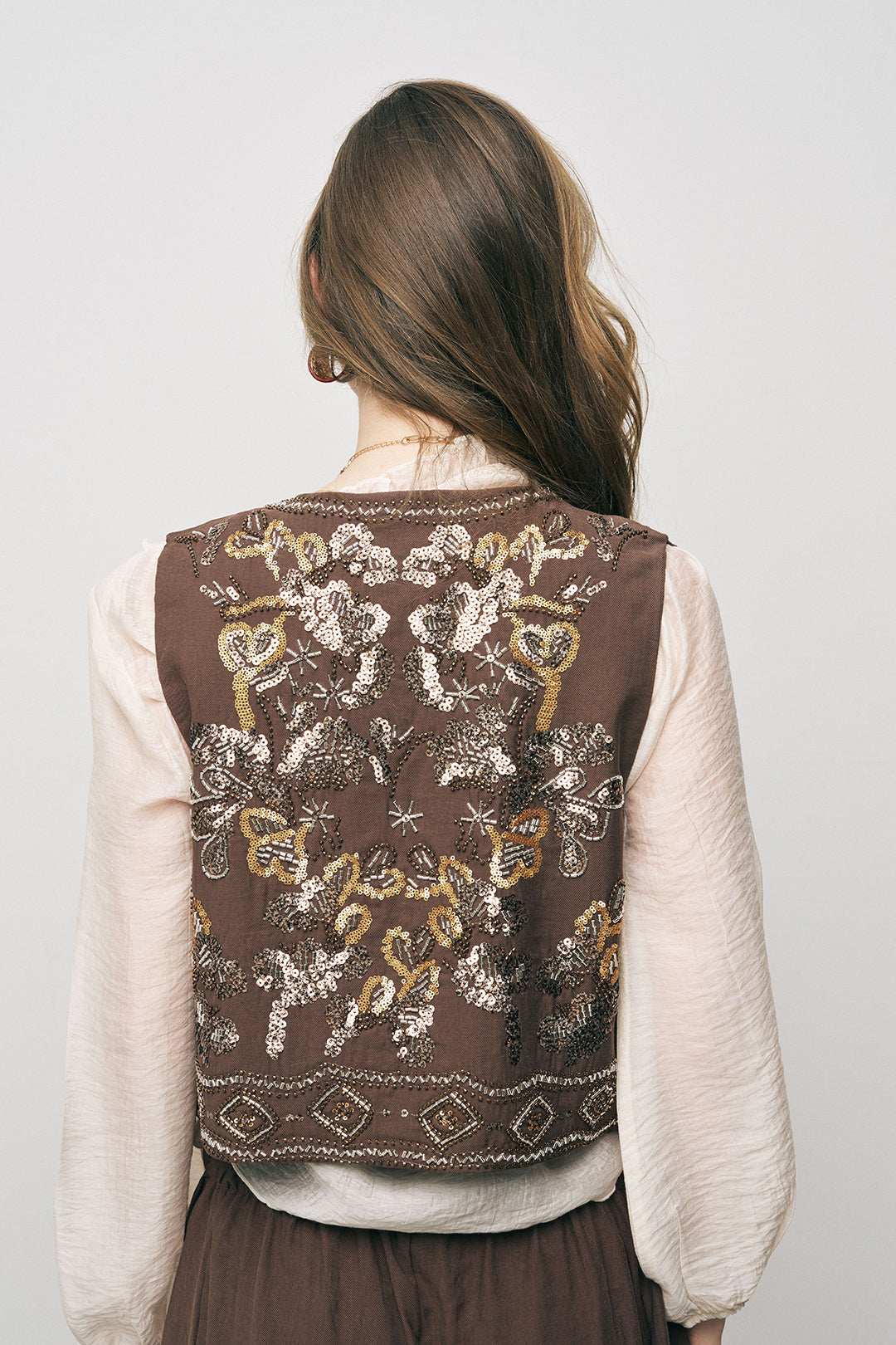 Orfeonegro Boncuk ve Nakışlı Kısa Kahve Yelek