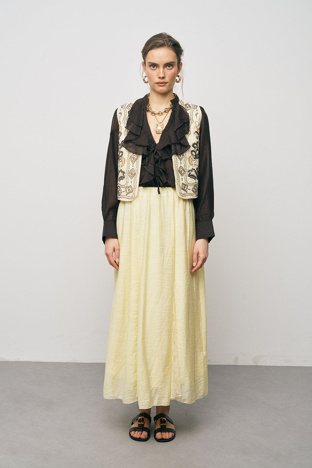 Orfeonegro Boncuk ve Nakışlı Kısa Sarı Yelek