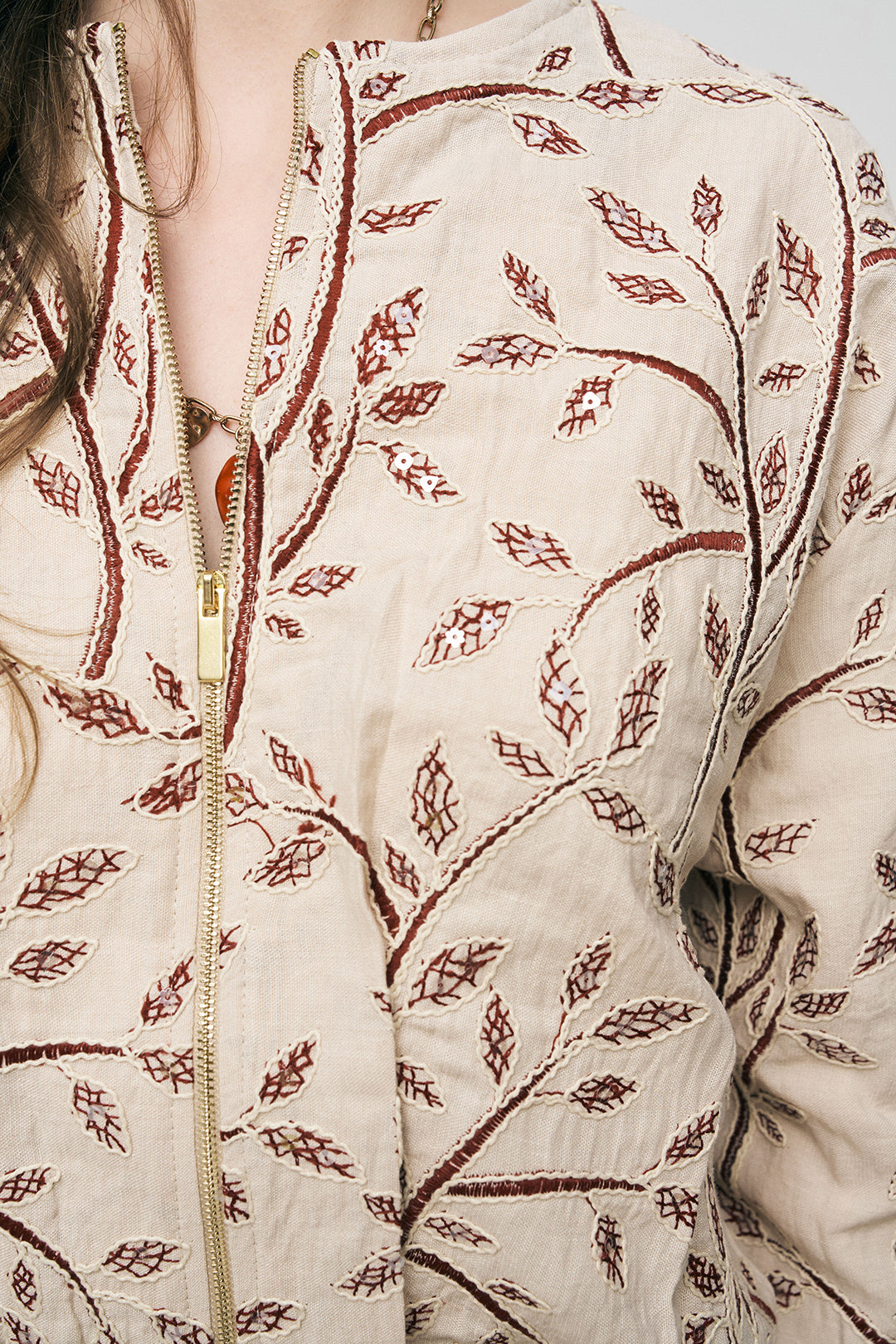 Orfeonegro Yaprak Nakışlı Fermuarlı Crop Tasarım Bordo Ceket