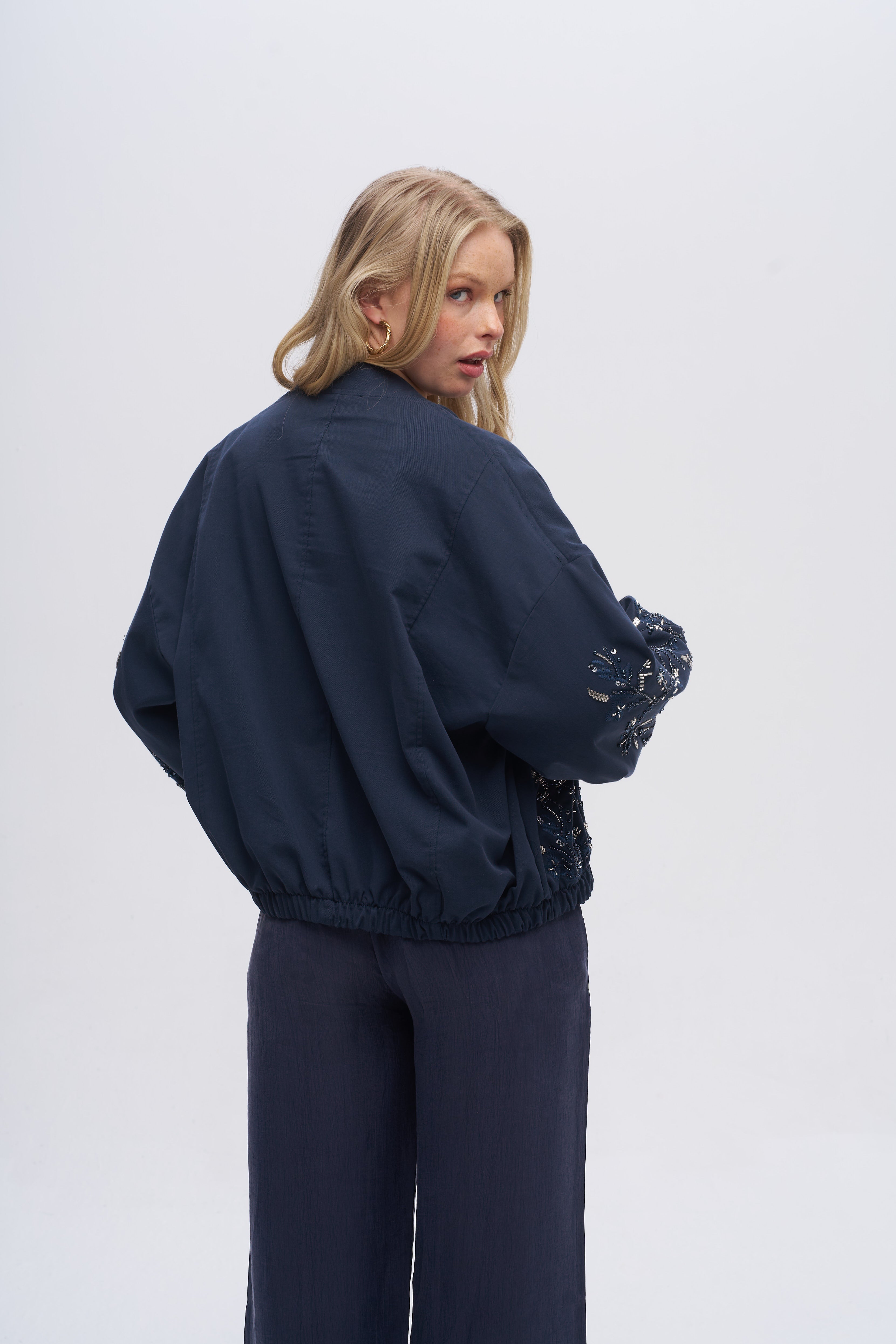 Taşlı ve Nakışlı Bomber Ceket Lacivert