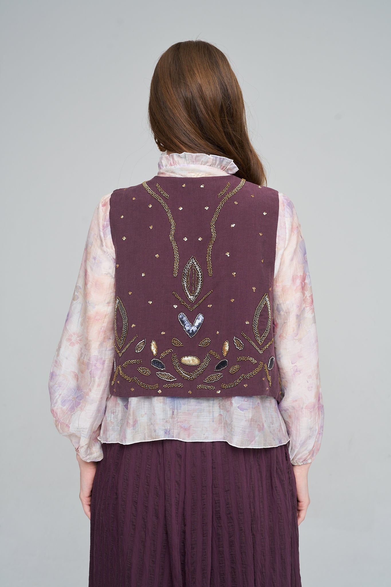 Orfeonegro Boncuk ve Payet İşlemeli Tencel Kadın Yelek Bordo