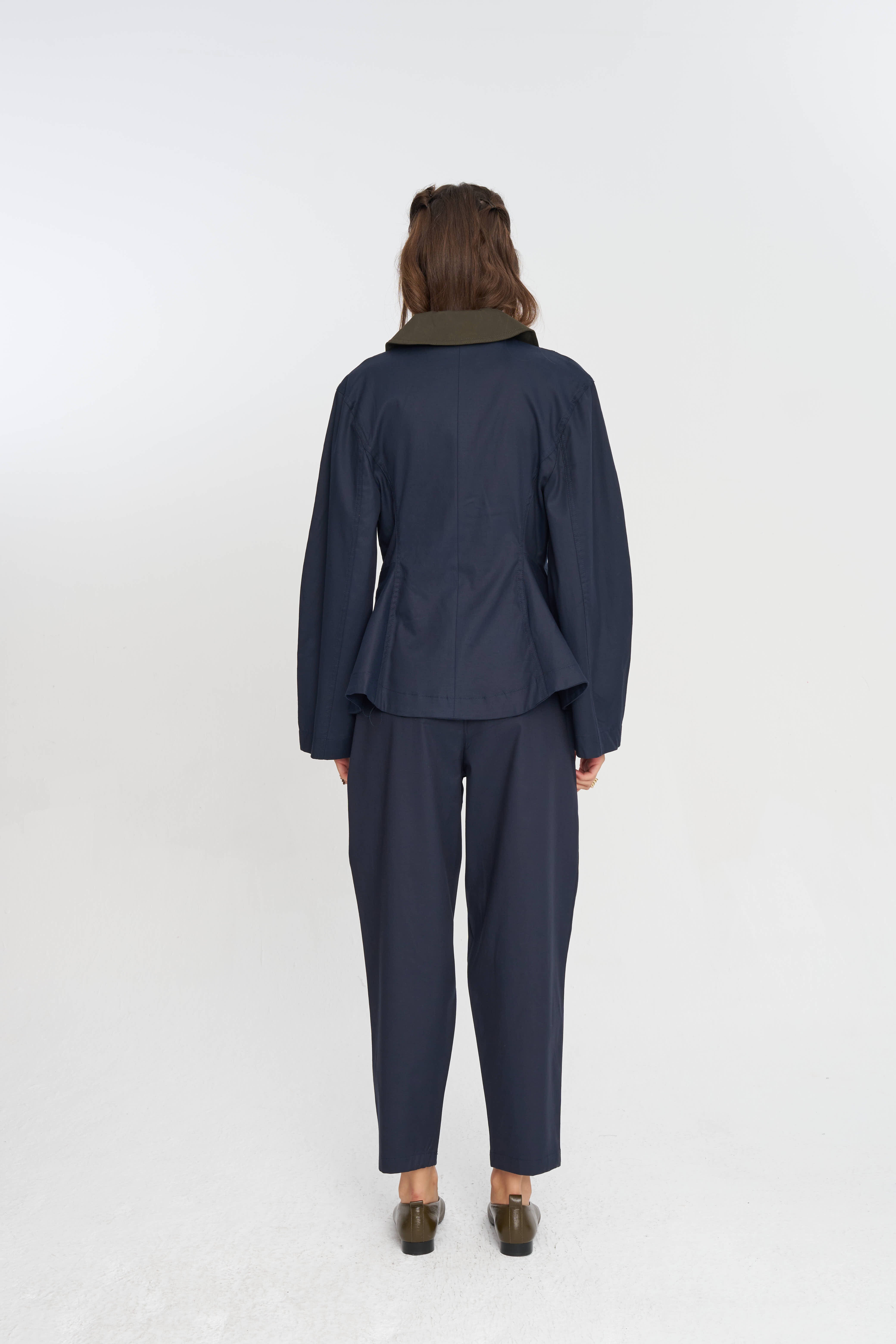 Toptan Kontrast Yakalı Tencel Karışımlı Kadın Ceket Lacivert