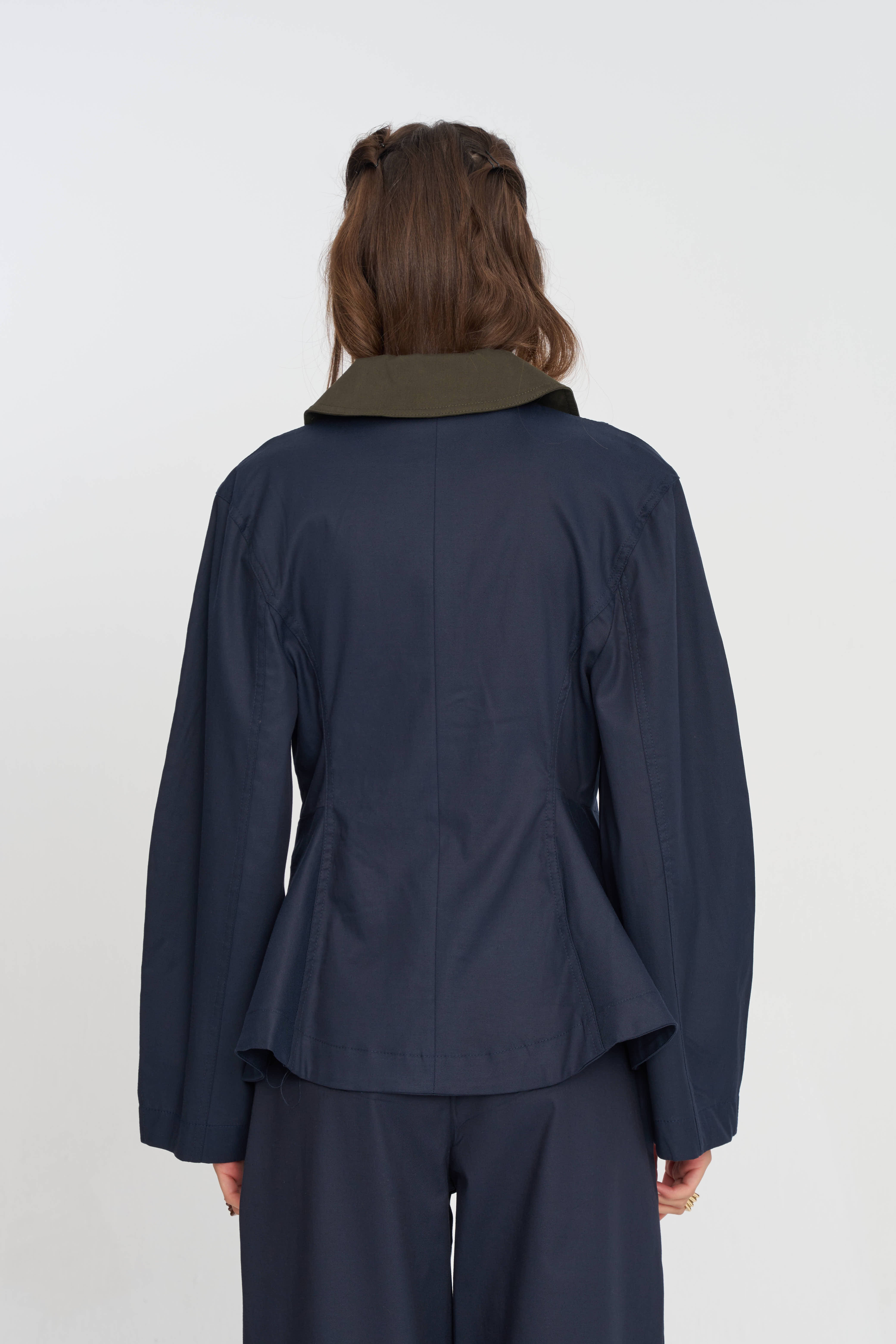Toptan Kontrast Yakalı Tencel Karışımlı Kadın Ceket Lacivert