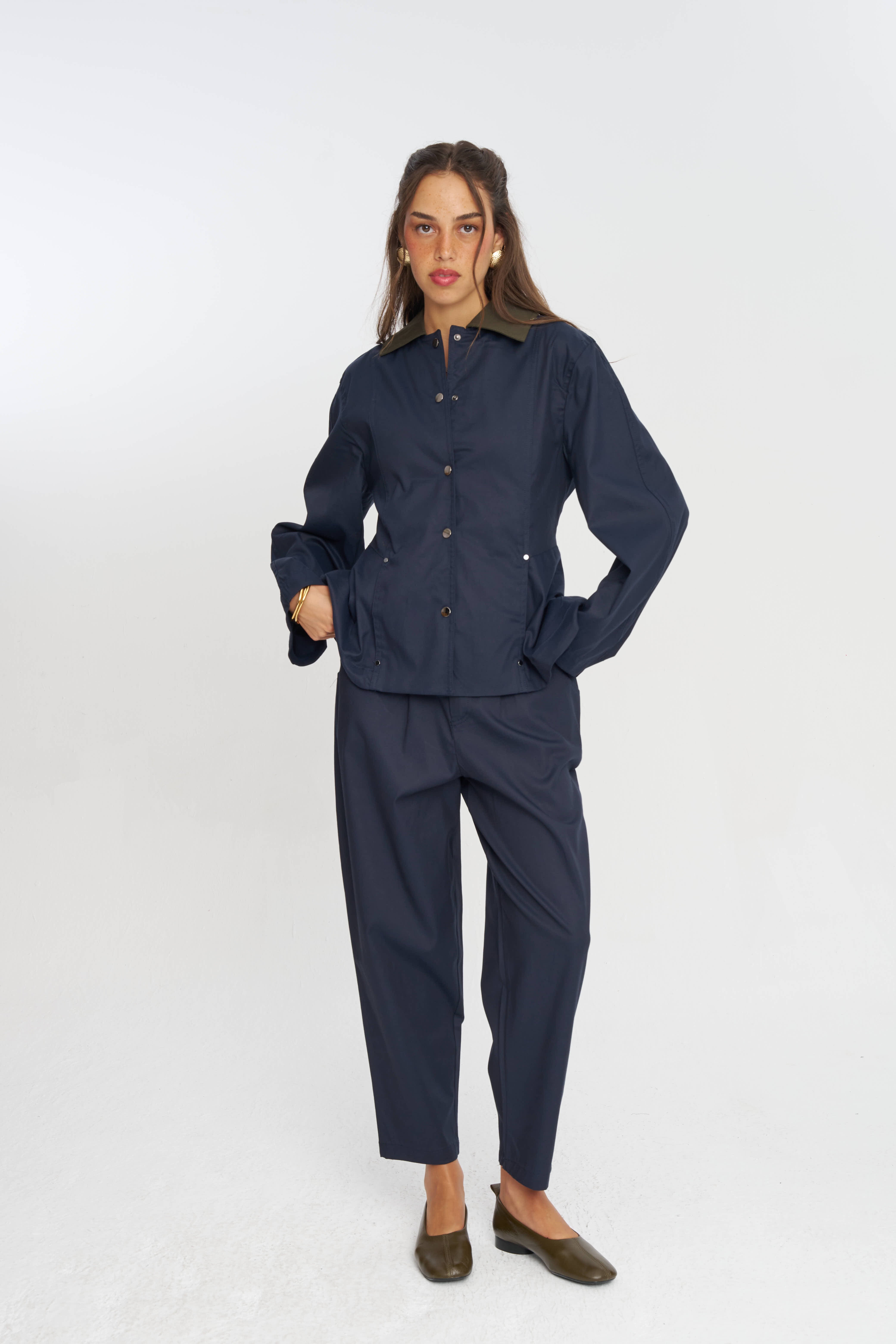 Toptan Kontrast Yakalı Tencel Karışımlı Kadın Ceket Lacivert