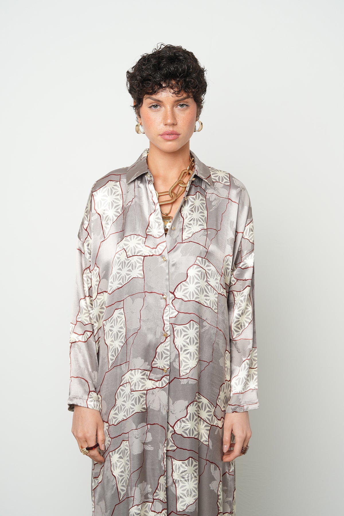 Orfeonegro Geometrik Desenli Uzun Saten Gömlek