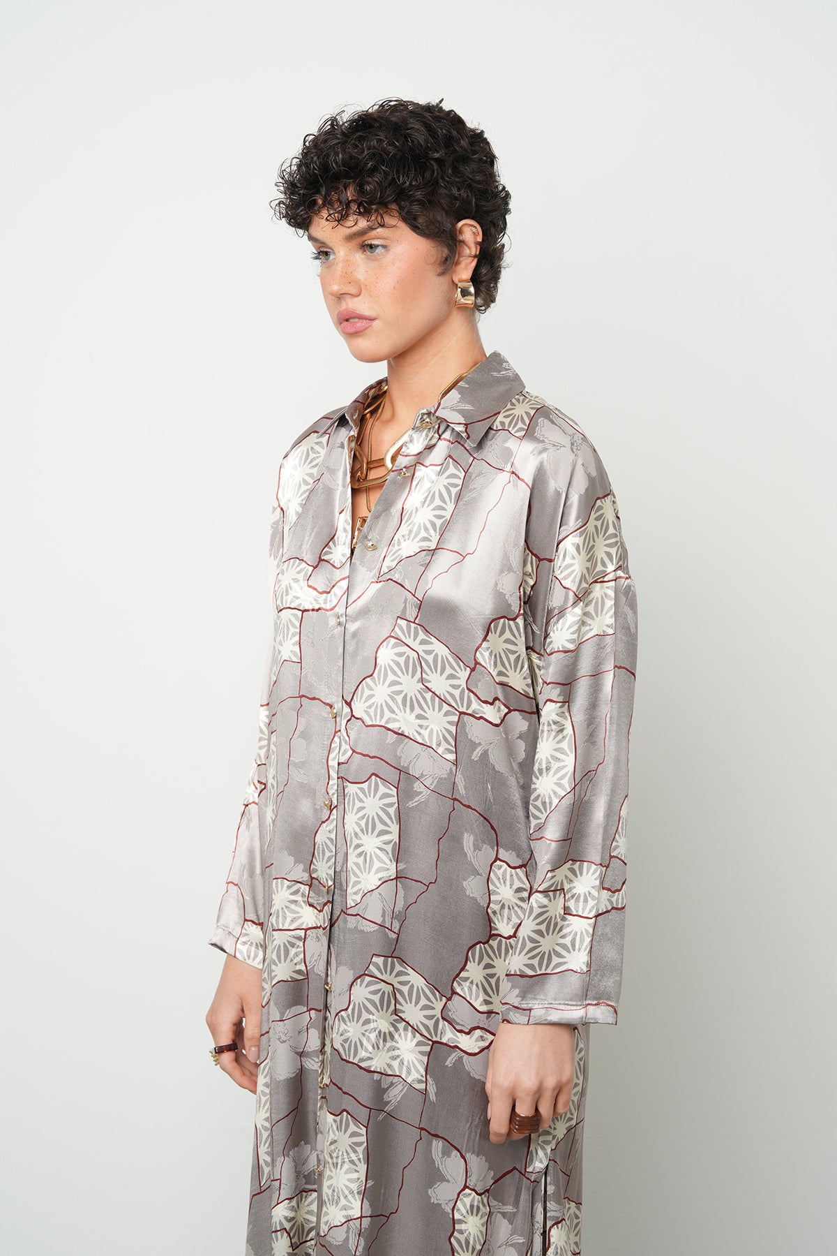 Orfeonegro Geometrik Desenli Uzun Saten Gömlek