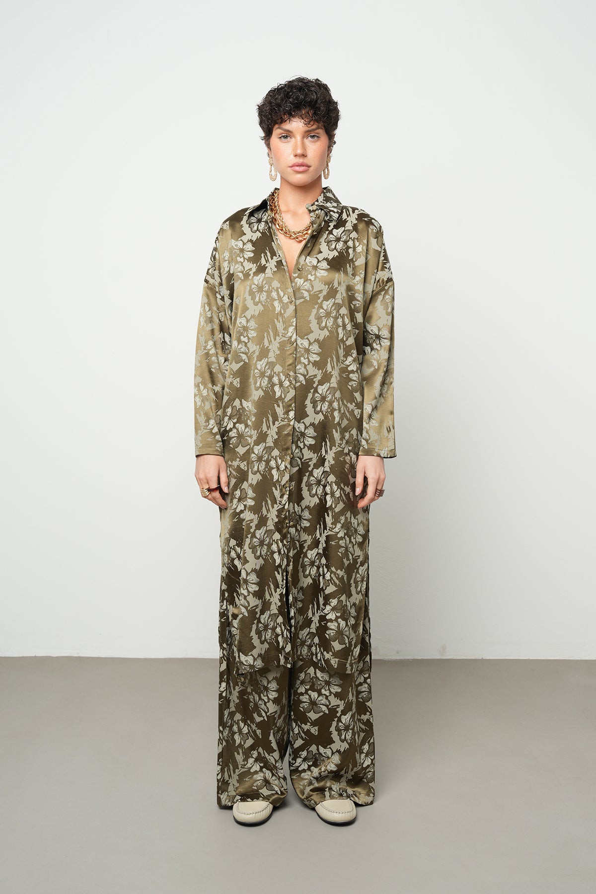 Orfeonegro Çiçek Desenli Saten Uzun Tunik Gömlek