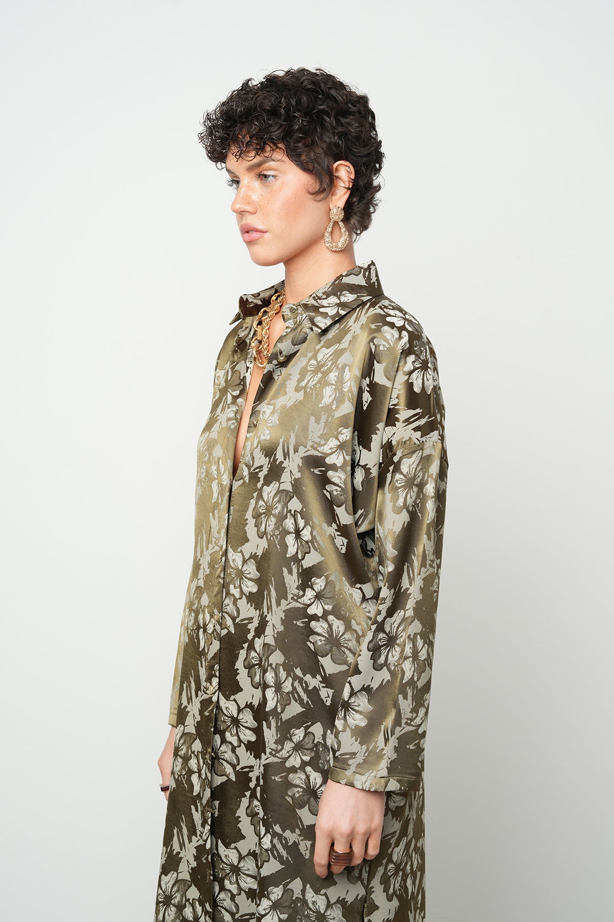 Orfeonegro Çiçek Desenli Saten Uzun Tunik Gömlek