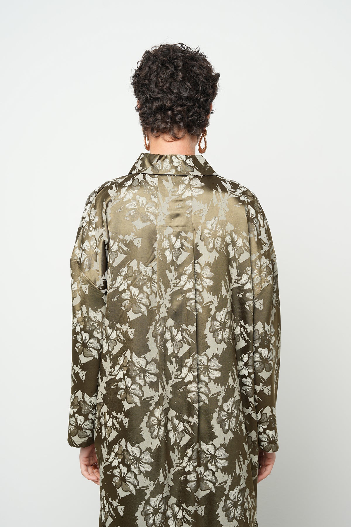 Orfeonegro Çiçek Desenli Saten Uzun Tunik Gömlek