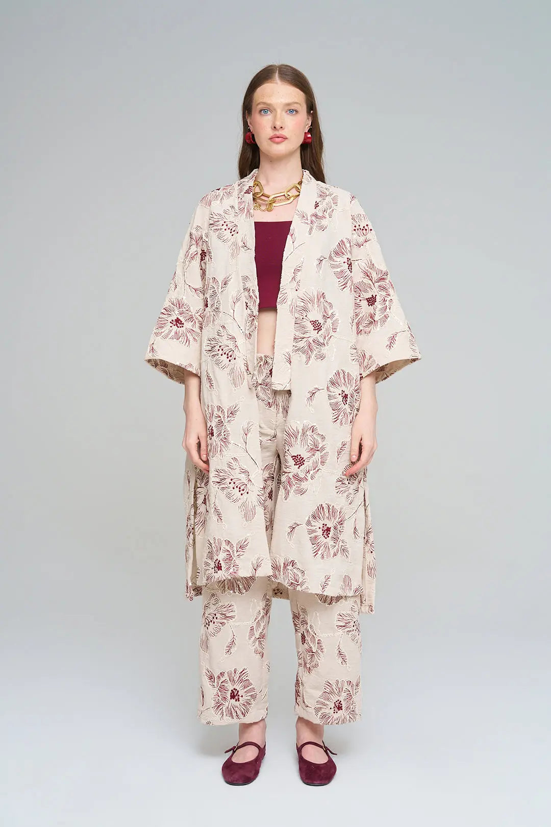 Çiçek Nakışlı ve Payet Detaylı Oversize Kimono Bordo ORFEONEGRO