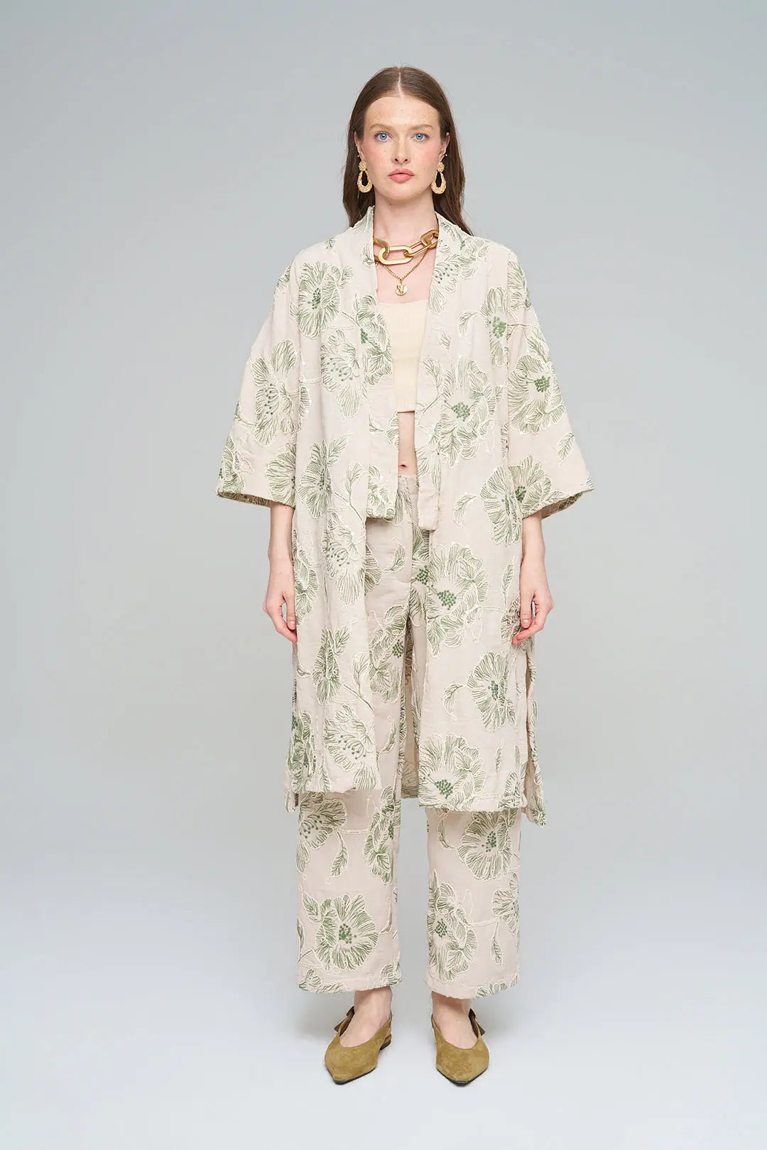 Çiçek Nakışlı ve Payet Detaylı Oversize Kimono Yeşil ORFEONEGRO