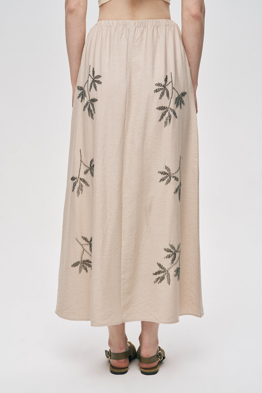 Orfeonegro Açık Bej Yaprak Nakışlı Beli Bağcıklı Uzun Maxi Etek