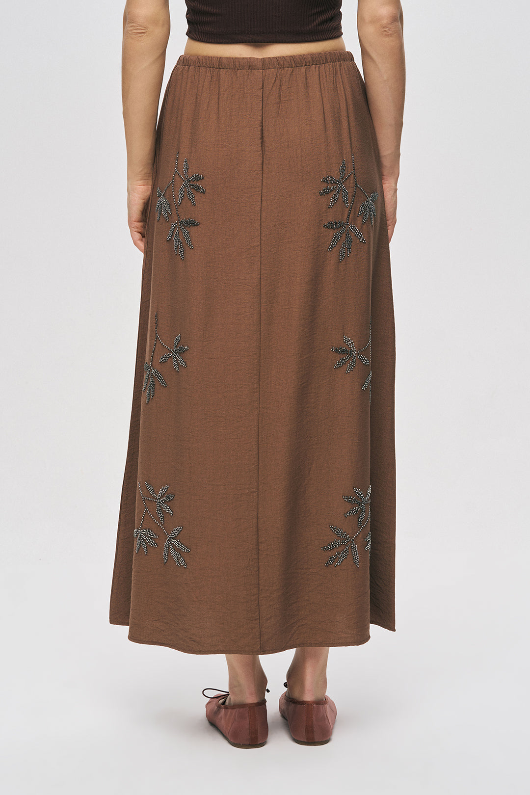 Orfeonegro Kahverengi Yaprak Nakışlı Beli Bağcıklı Uzun Maxi Etek