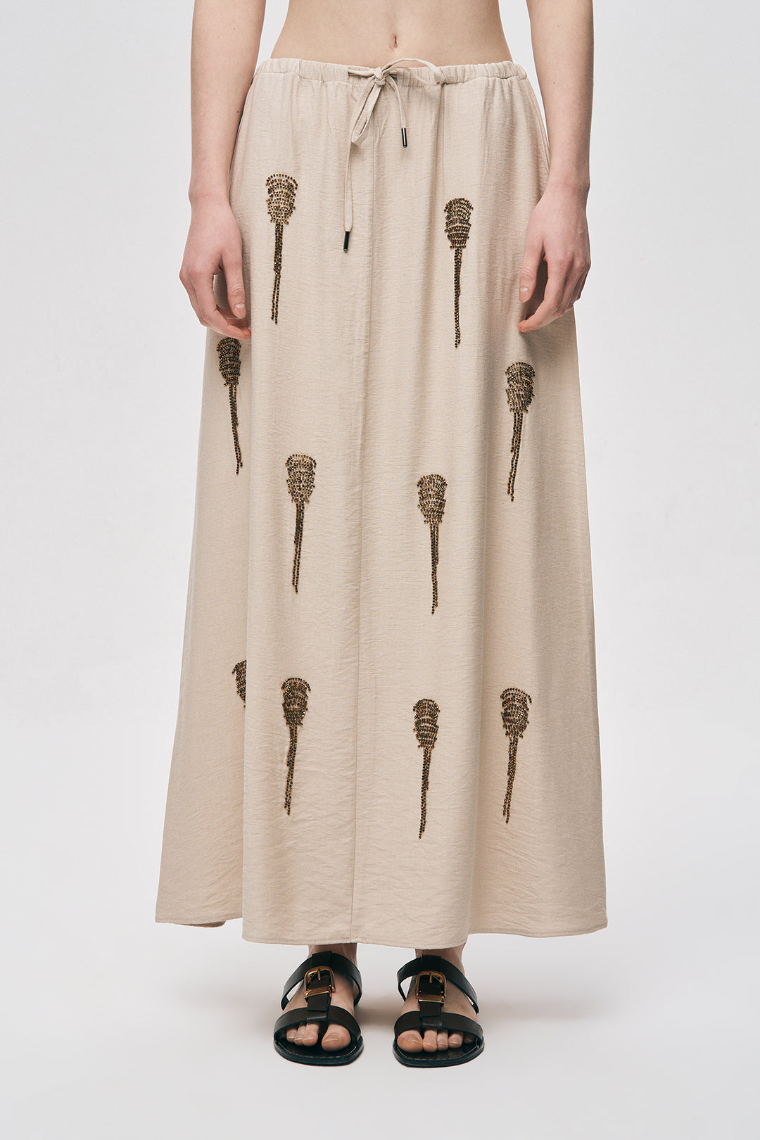 Orfeonegro Boncuk İşlemeli Beli Lastikli ve Bağcıklı Uzun Etek A.Bej