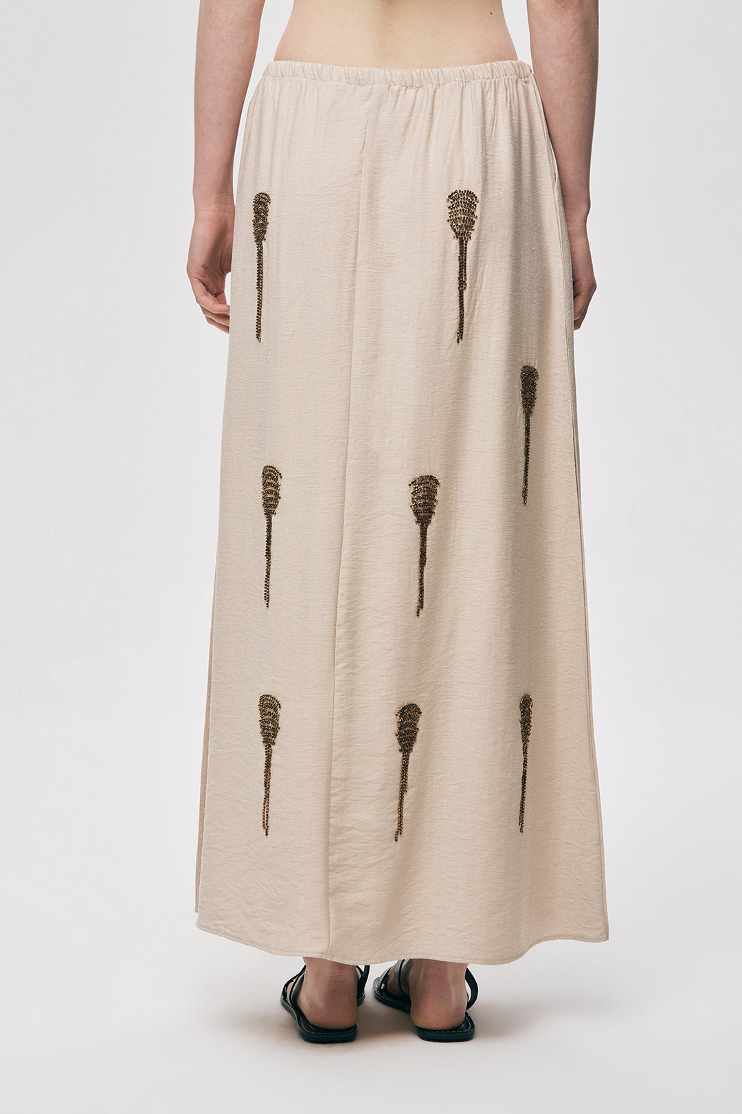 Orfeonegro Boncuk İşlemeli Beli Lastikli ve Bağcıklı Uzun Etek A.Bej