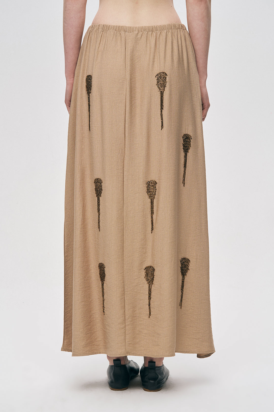 Orfeonegro Boncuk İşlemeli Beli Lastikli ve Bağcıklı Uzun Etek Bej