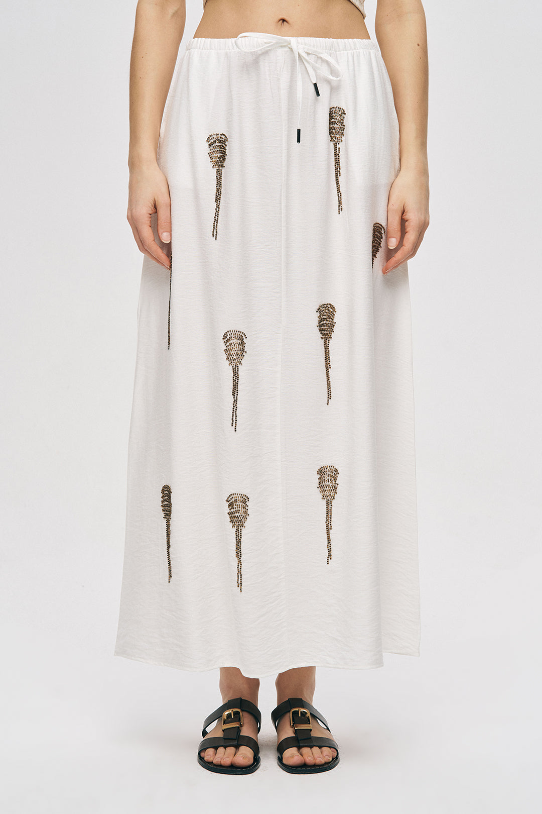 Orfeonegro Boncuk İşlemeli Beli Lastikli ve Bağcıklı Uzun Etek Ekru