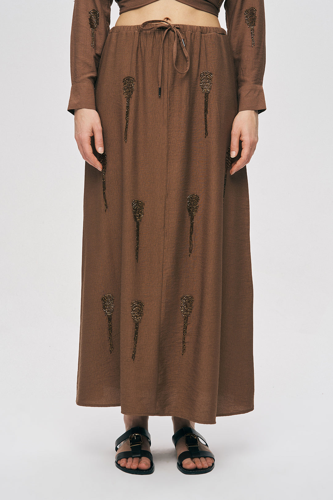 Orfeonegro Boncuk İşlemeli Beli Lastikli ve Bağcıklı Uzun Etek Kahve