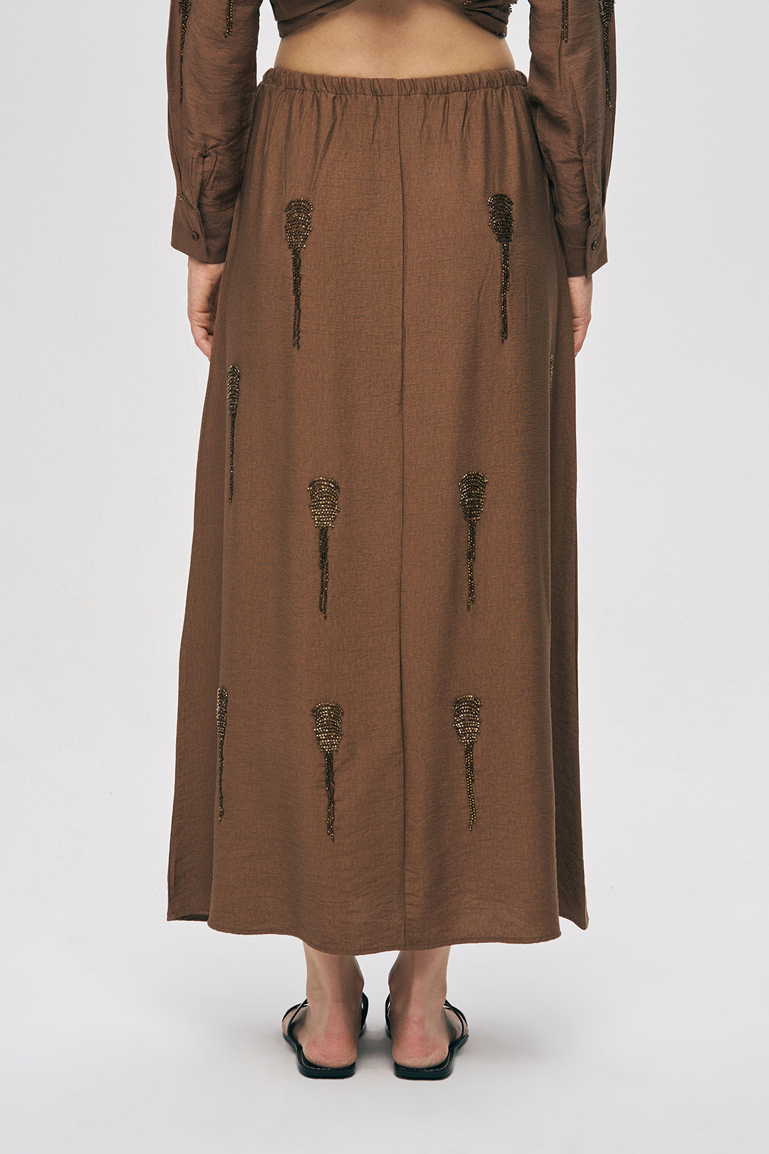 Orfeonegro Boncuk İşlemeli Beli Lastikli ve Bağcıklı Uzun Etek Kahve
