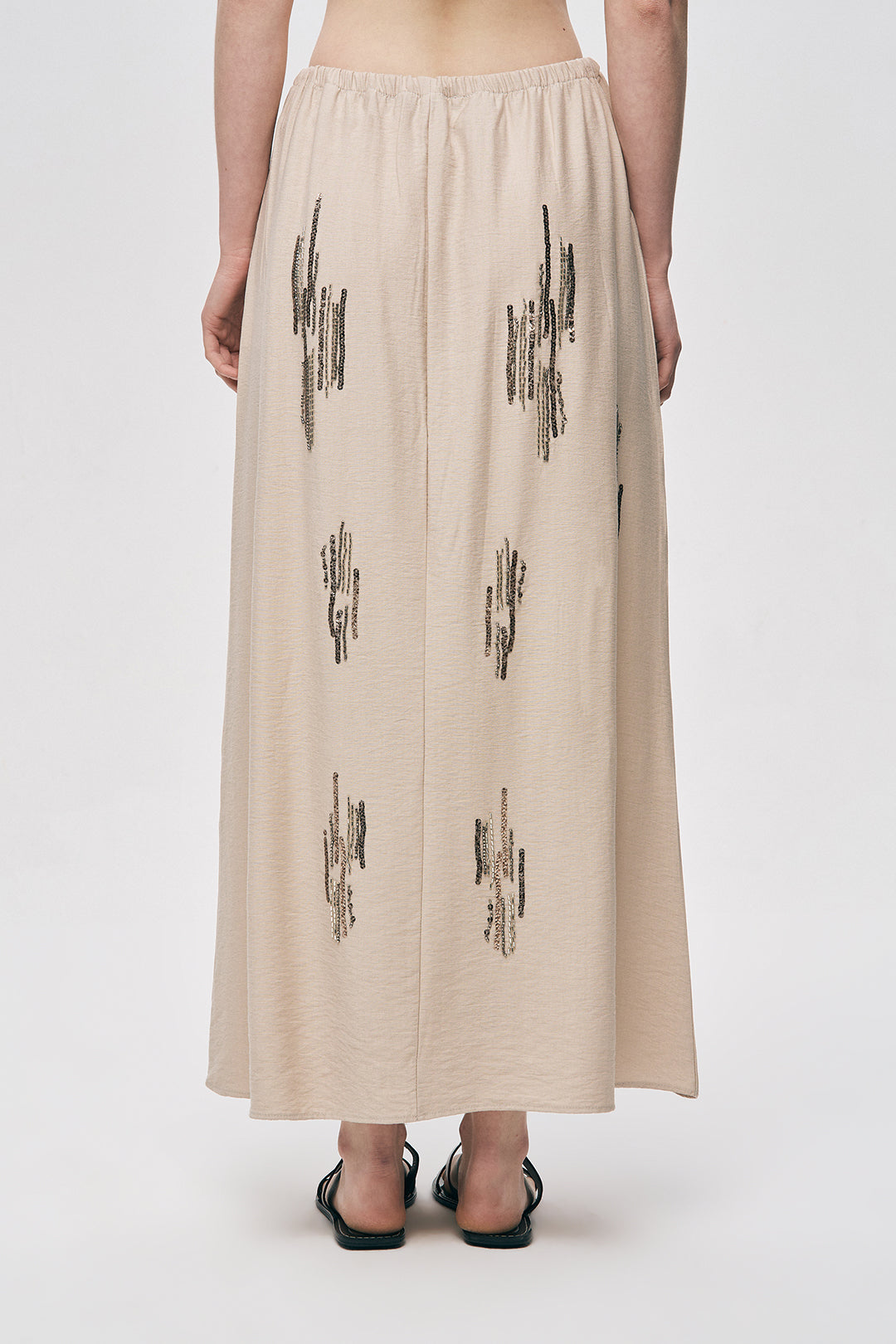 Orfeonegro Açık Bej Parıltılı İşleme Detaylı Beli Bağcıklı Maxi Boy Etek