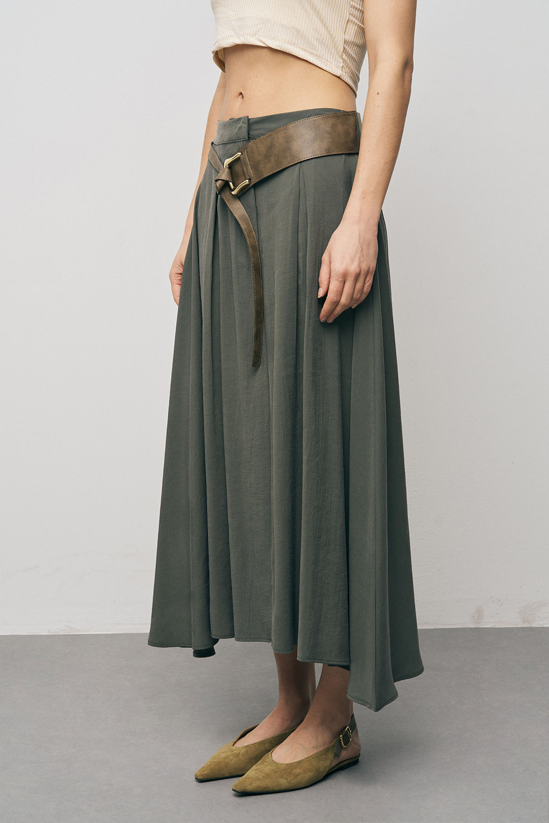 Orfeonegro Kemerli Kloş Haki Midi Etek