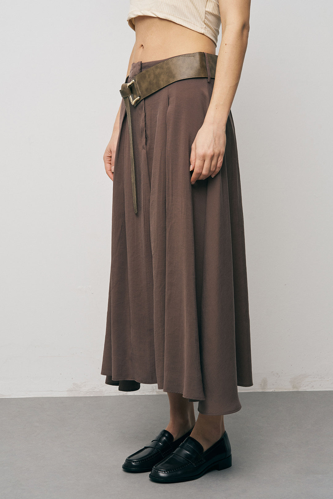 Orfeonegro Kemerli Kloş Kahve Midi Etek