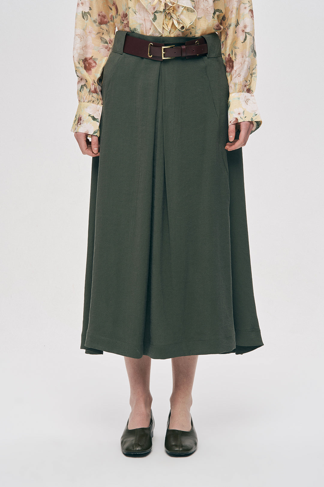 Orfeonegro Kemerli Pileli Midi Boy Haki Kumaş Etek