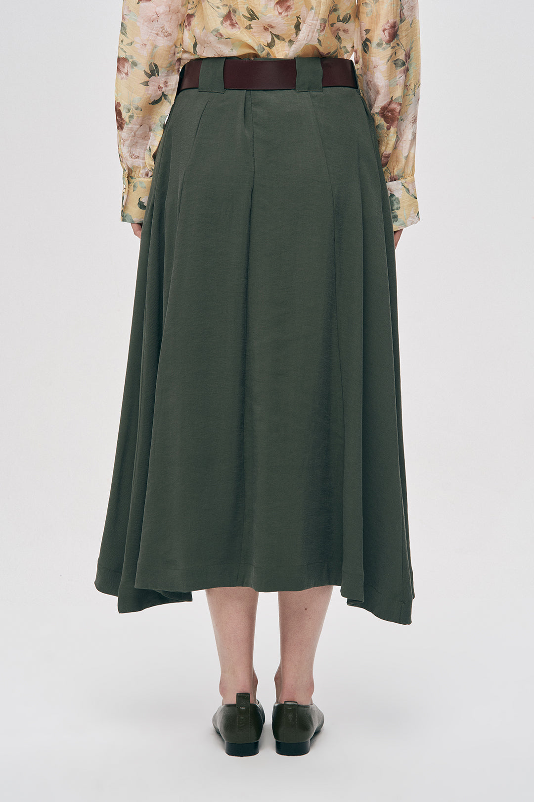 Orfeonegro Kemerli Pileli Midi Boy Haki Kumaş Etek