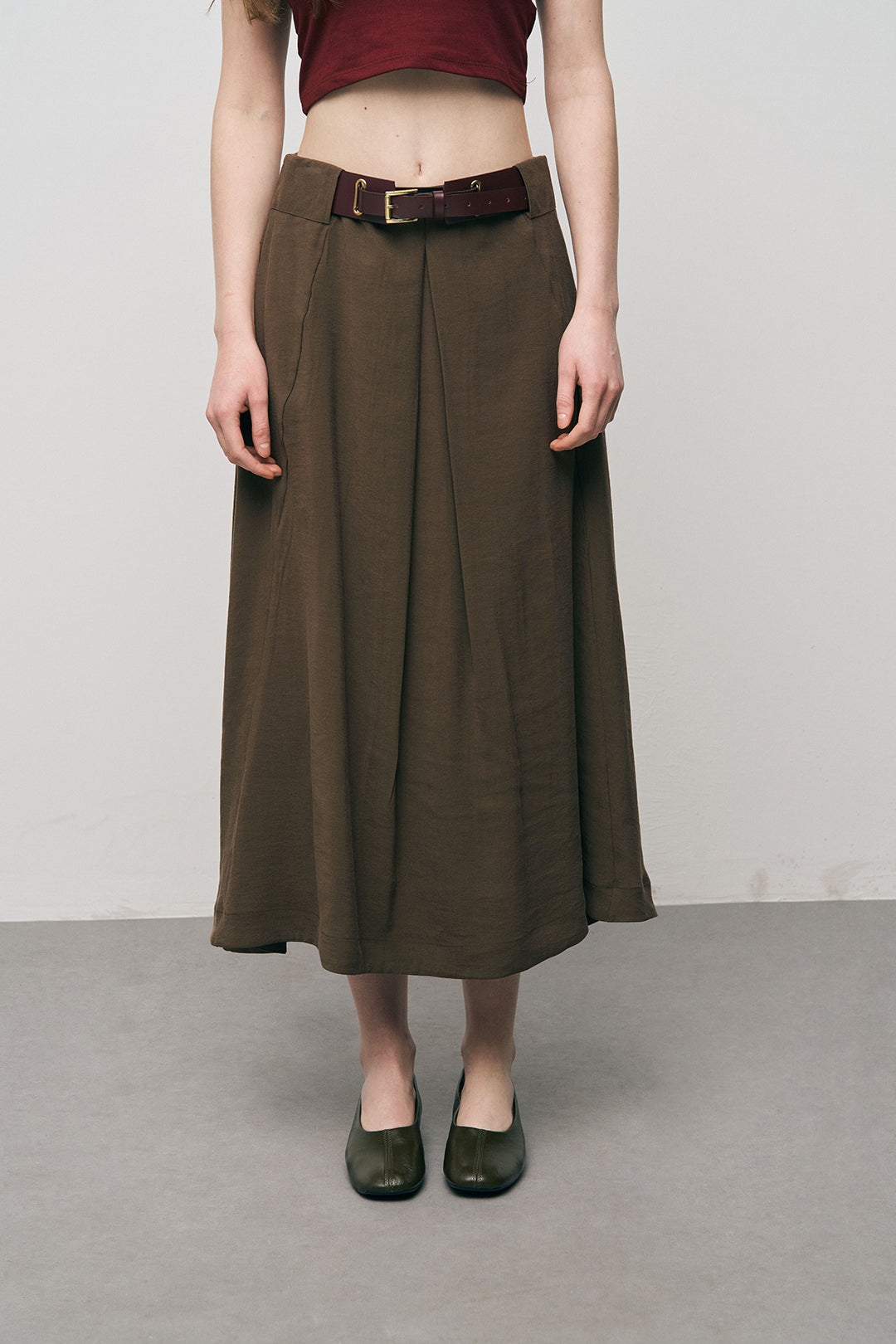 Orfeonegro Kemerli Pileli Midi Boy Kahve Kumaş Etek