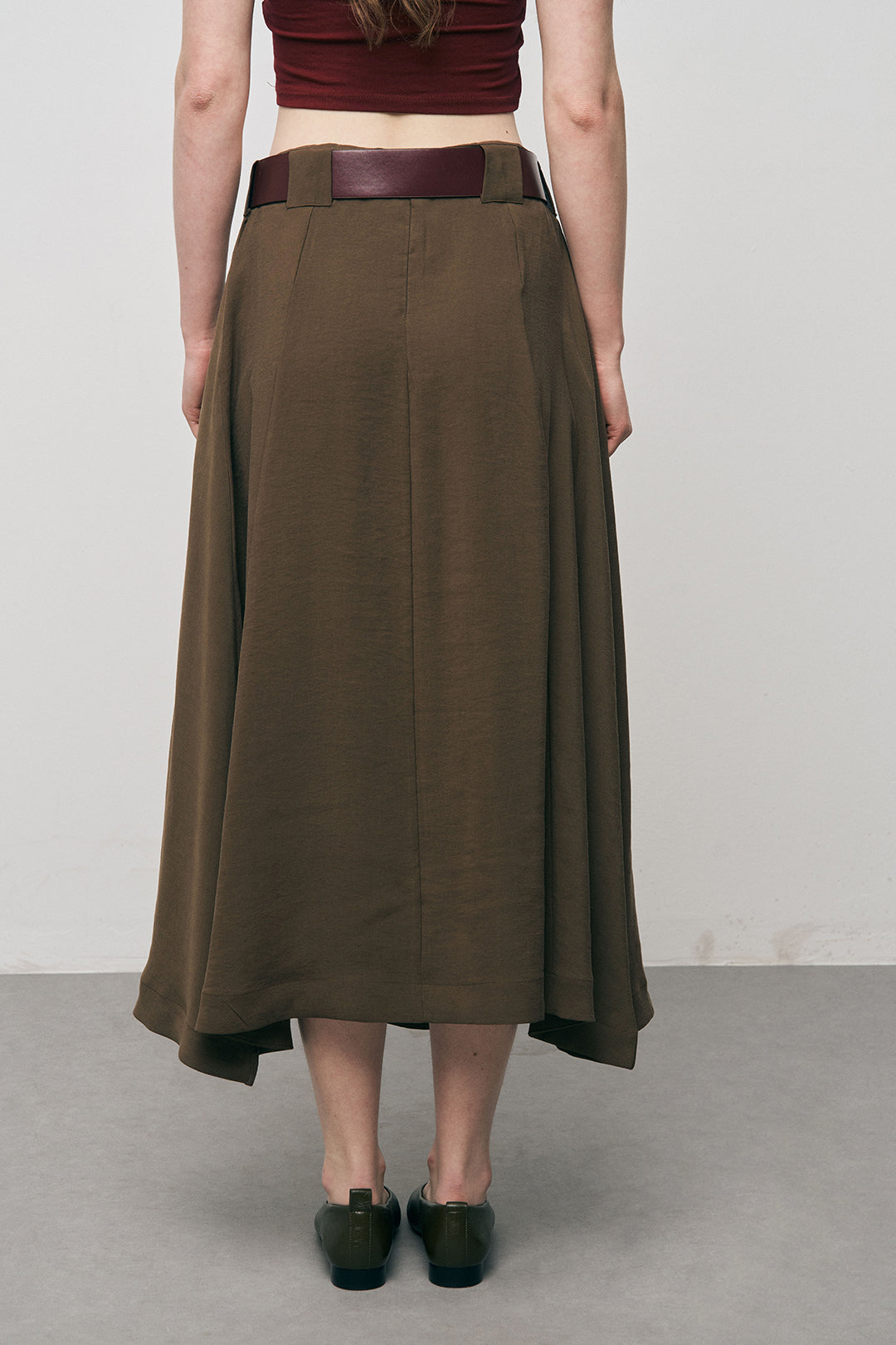 Orfeonegro Kemerli Pileli Midi Boy Kahve Kumaş Etek