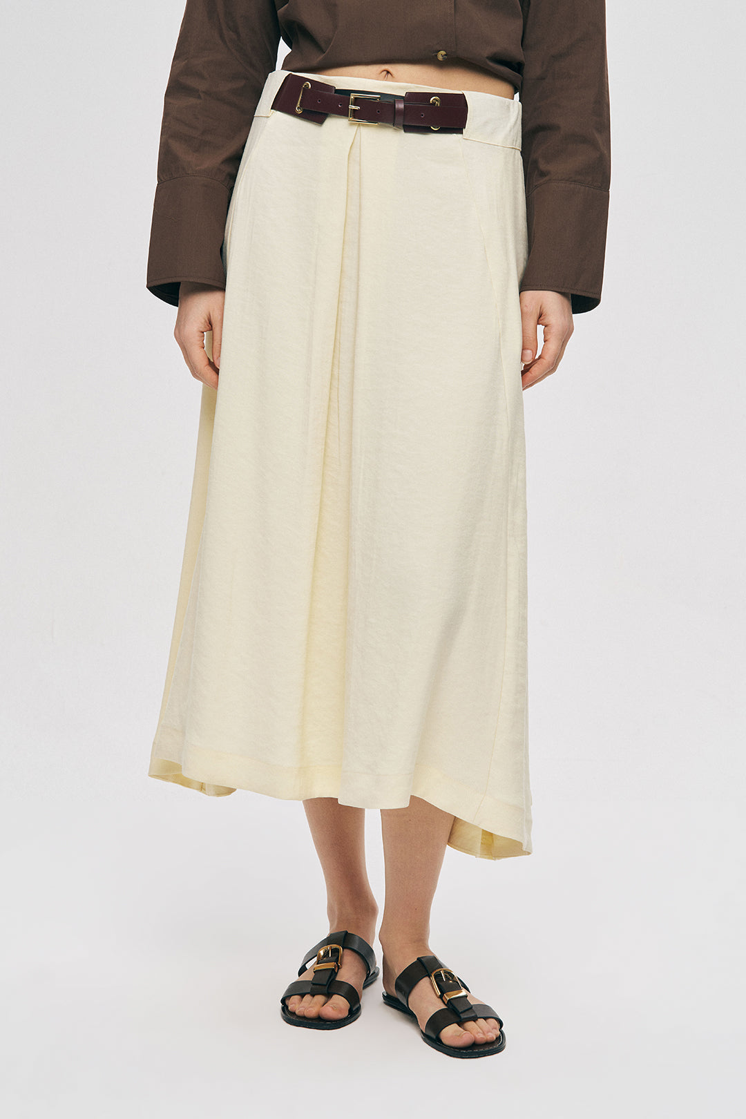 Orfeonegro Kemerli Pileli Midi Boy Sarı Kumaş Etek