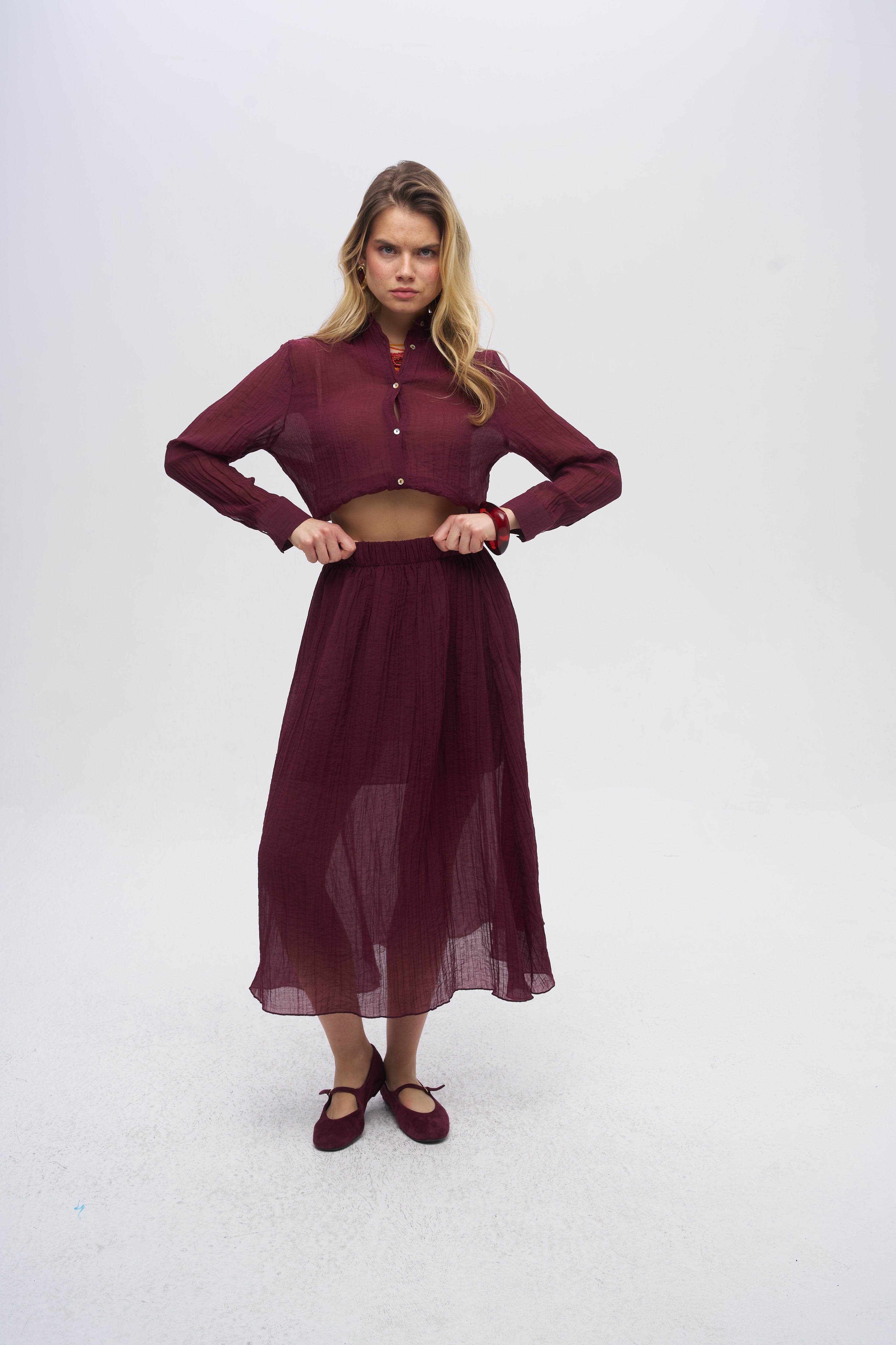 Beli Lastikli Çizgi Dokulu Yarı Astarlı Bordo Etek