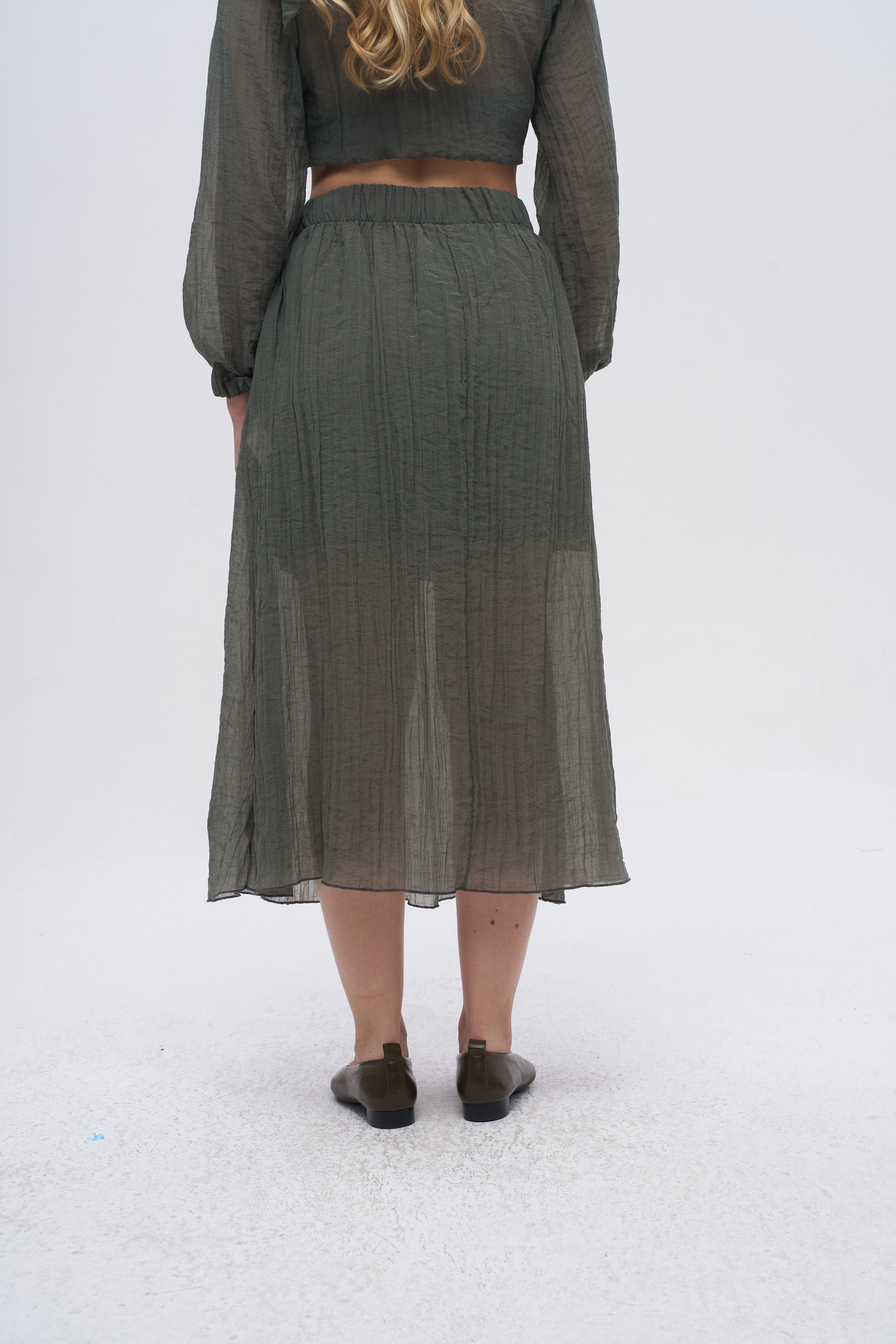 Beli Lastikli Çizgi Dokulu Yarı Astarlı Haki Etek