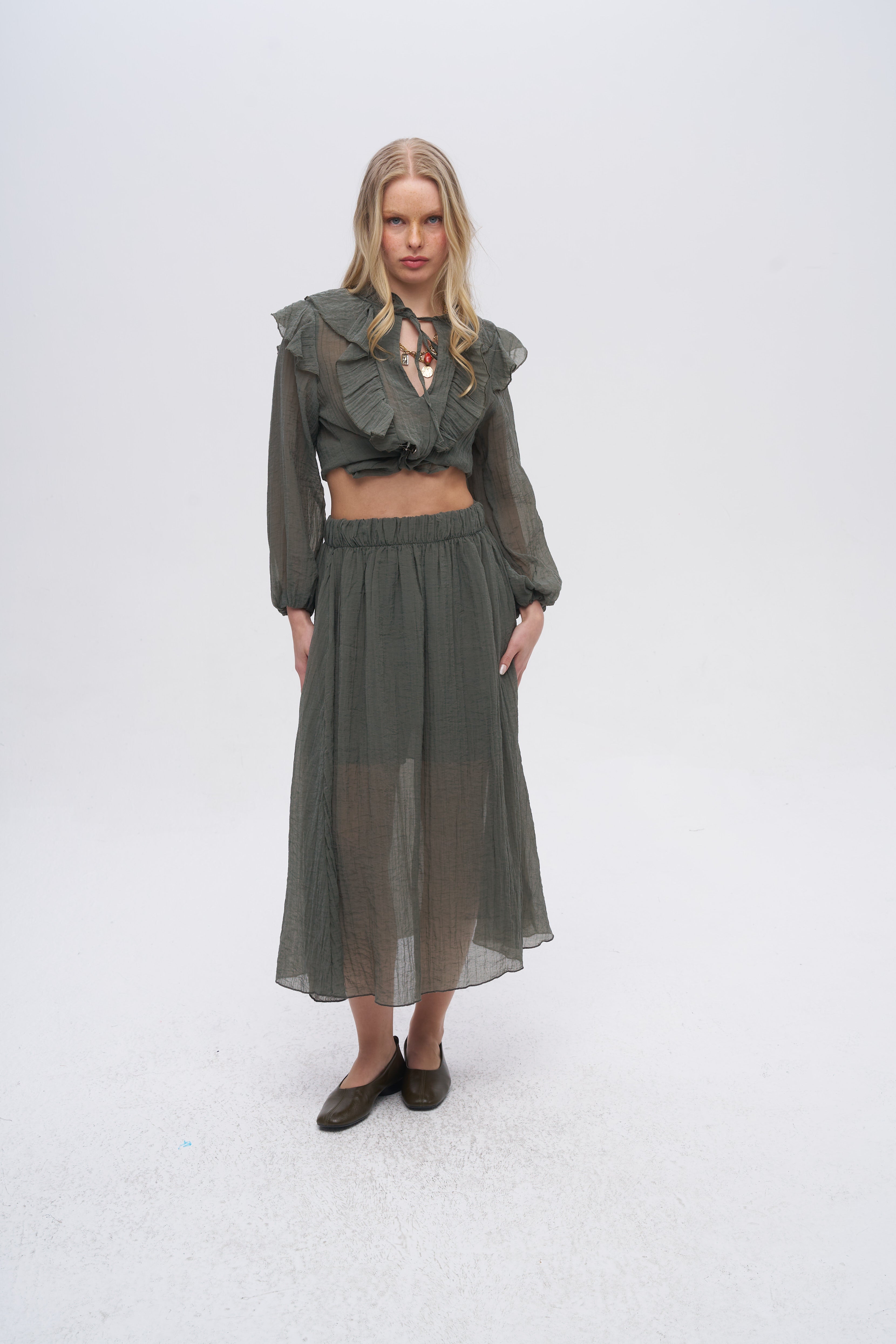 Beli Lastikli Çizgi Dokulu Yarı Astarlı Haki Etek