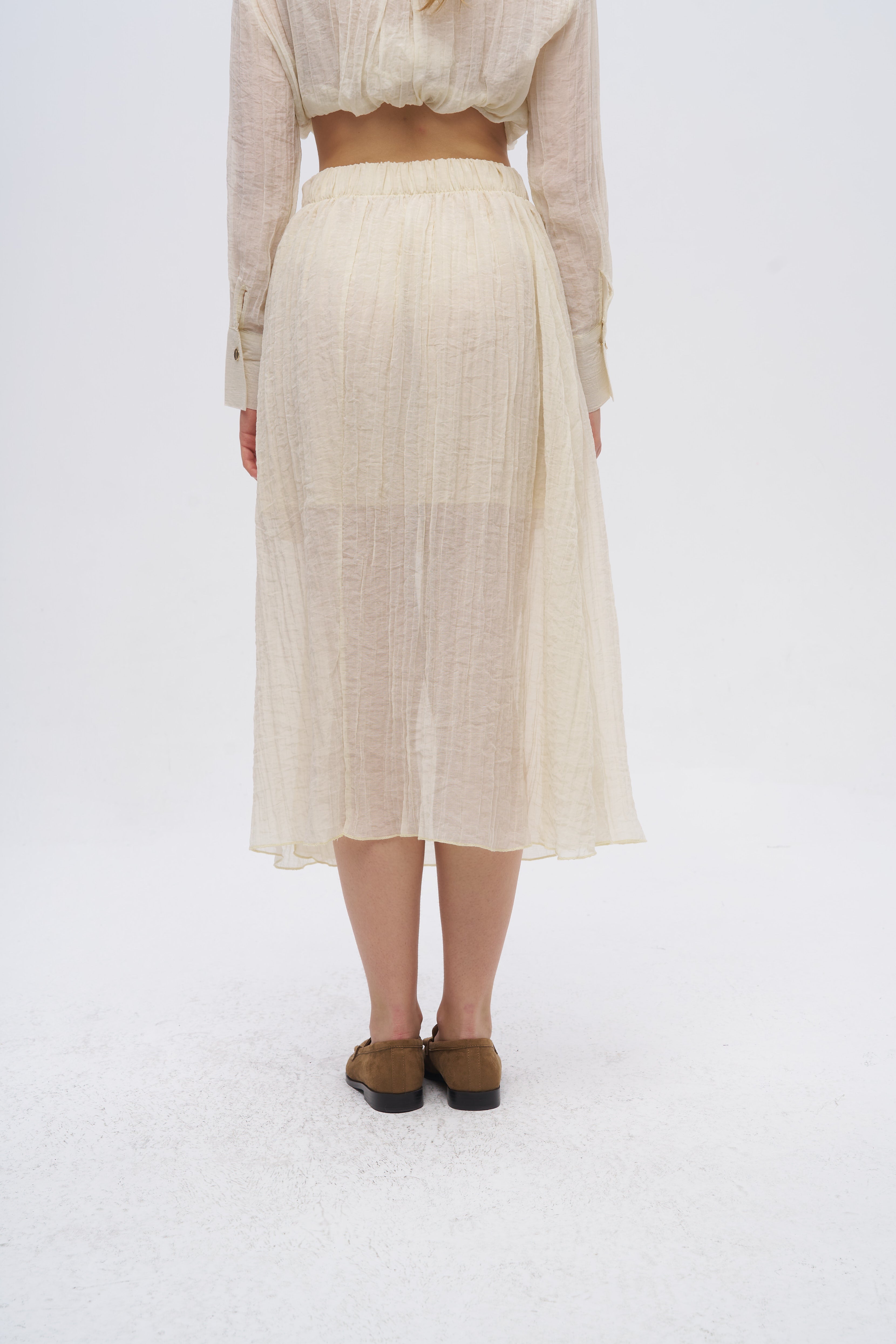 Beli Lastikli Çizgi Dokulu Yarı Astarlı Sarı Etek